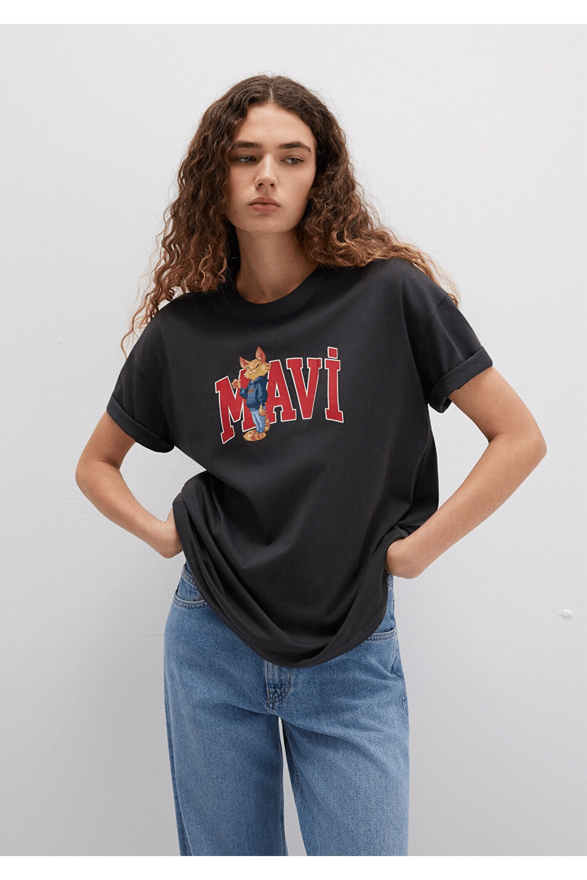 MAVİ KADIN KEDİ LOGO BASKILI TİŞÖRT Kömür 1613285-70087