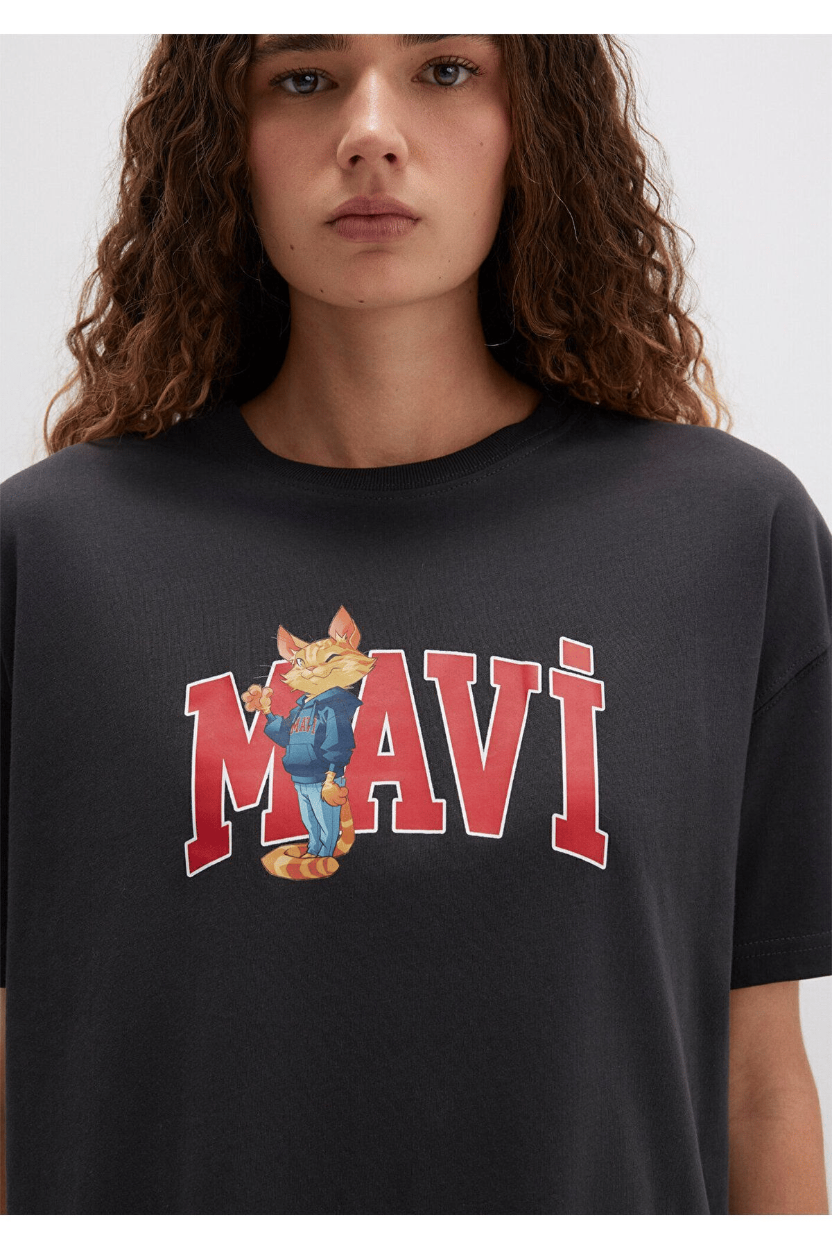 MAVİ KADIN KEDİ LOGO BASKILI TİŞÖRT Kömür 1613285-70087