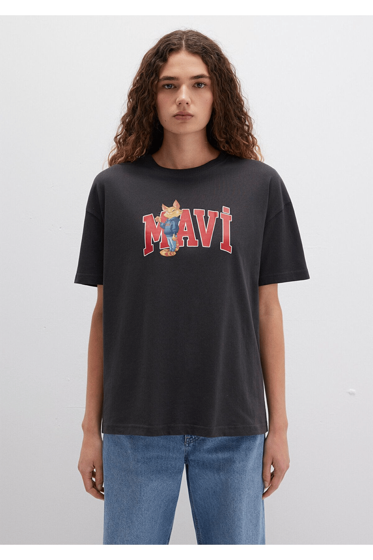 MAVİ KADIN KEDİ LOGO BASKILI TİŞÖRT Kömür 1613285-70087