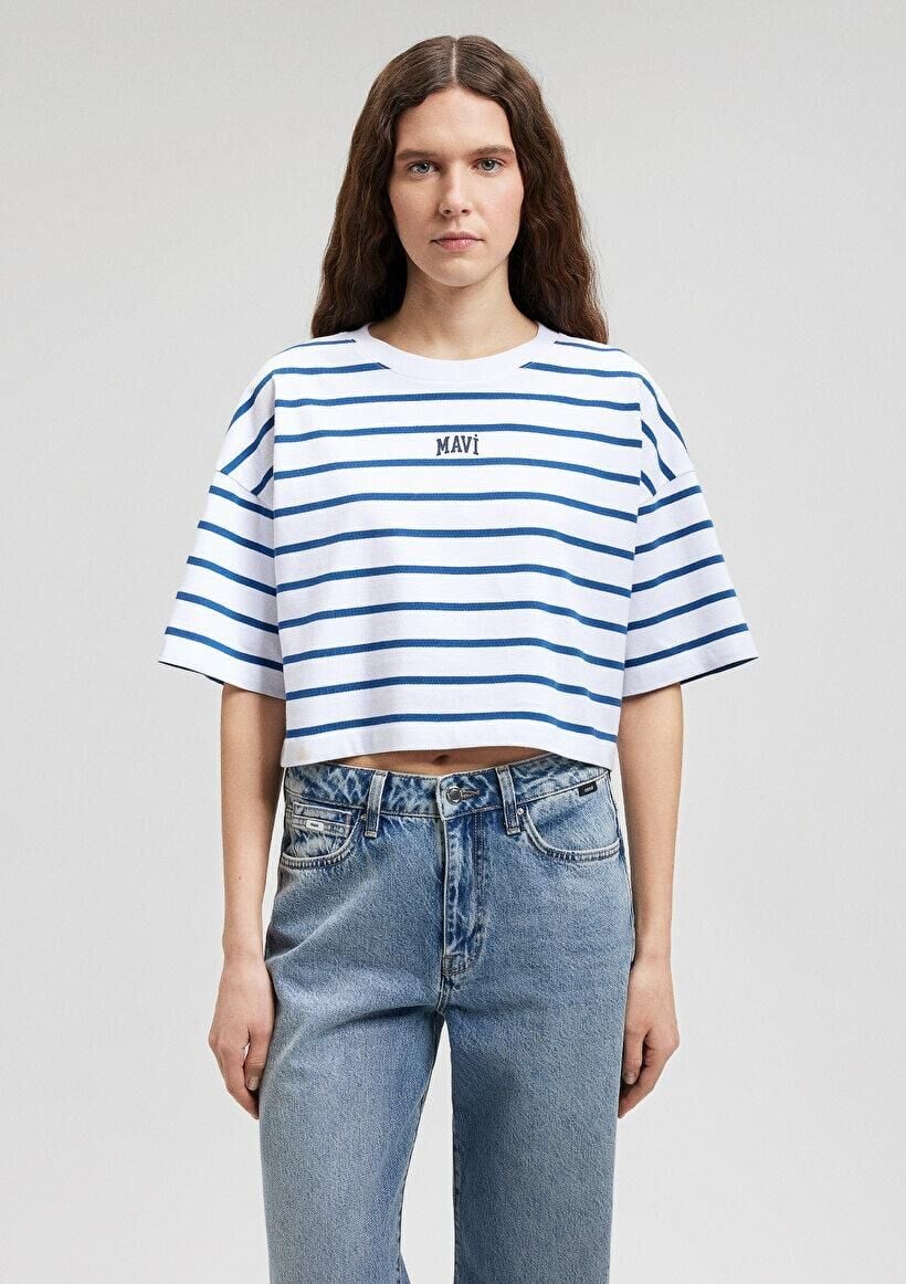 MAVİ KADIN MAVİ BASKILI TİŞÖRT Navy Peony Stripe 1612227-86679