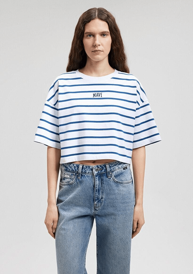 MAVİ KADIN MAVİ BASKILI TİŞÖRT Navy Peony Stripe 1612227-86679