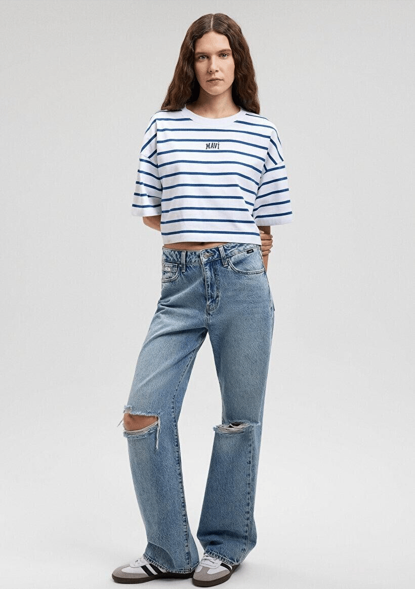 MAVİ KADIN MAVİ BASKILI TİŞÖRT Navy Peony Stripe 1612227-86679