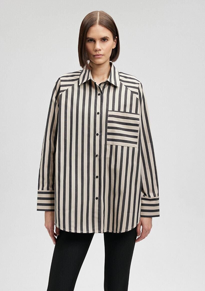MAVİ KADIN UZUN KOLLU GÖMLEK Beige Bold Stripe 1210677-86622