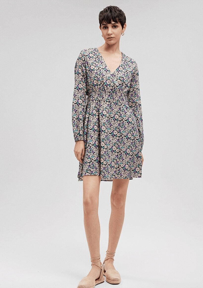 MAVİ KADIN V YAKA MİNİ ELBİSE Spring Flower Print 1310429-86587