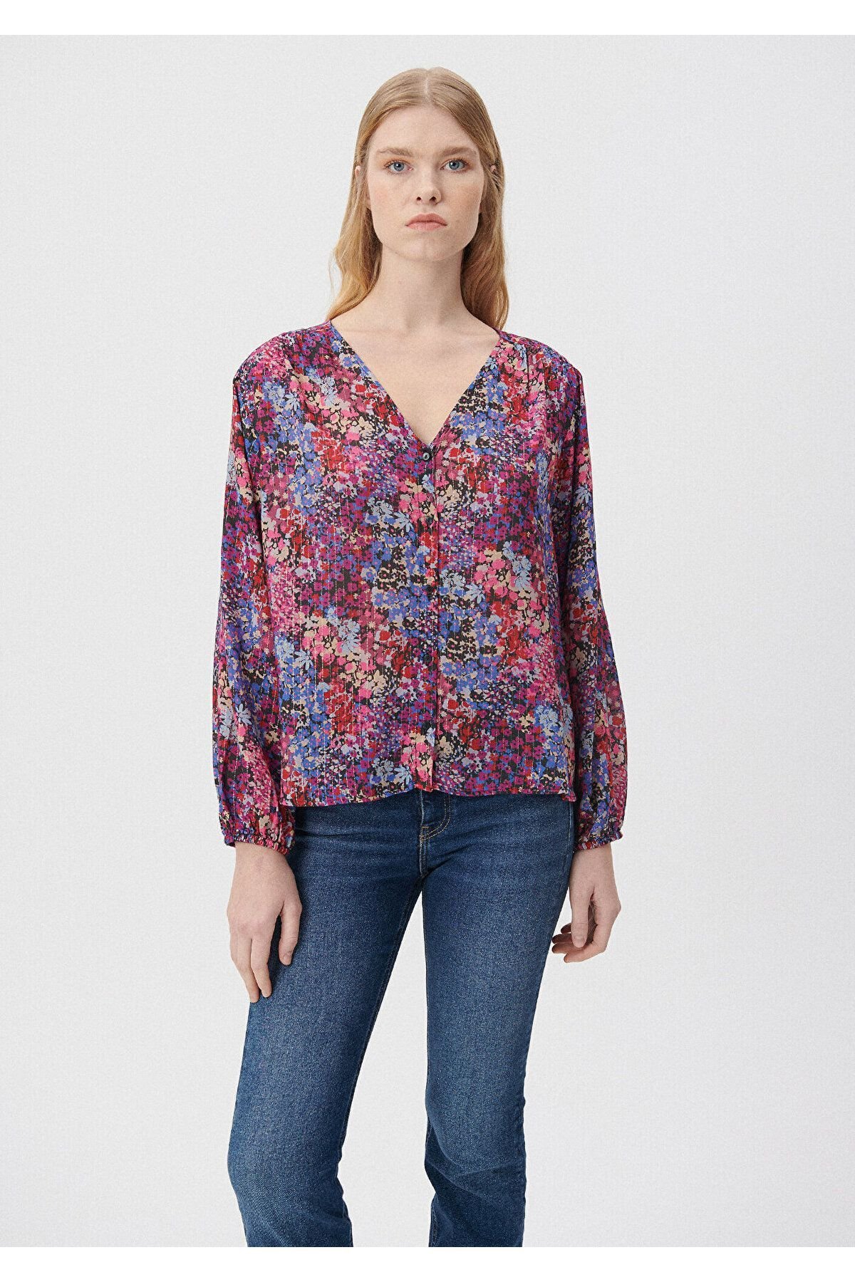 MAVİ KADIN V YAKA UZUN KOL GÖMLEK Mixed Floral Prin 1210633-85877