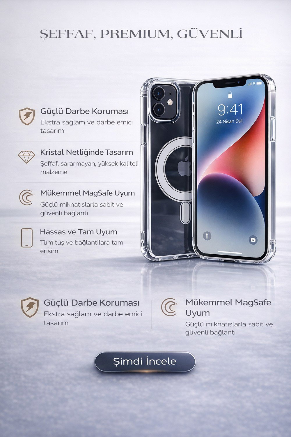 iPhone 12 Uyumlu Kamera Korumalı Magsafe Wireless Şarj Özellikli Lüks Şeffaf Silikon Telefon Kılıfı