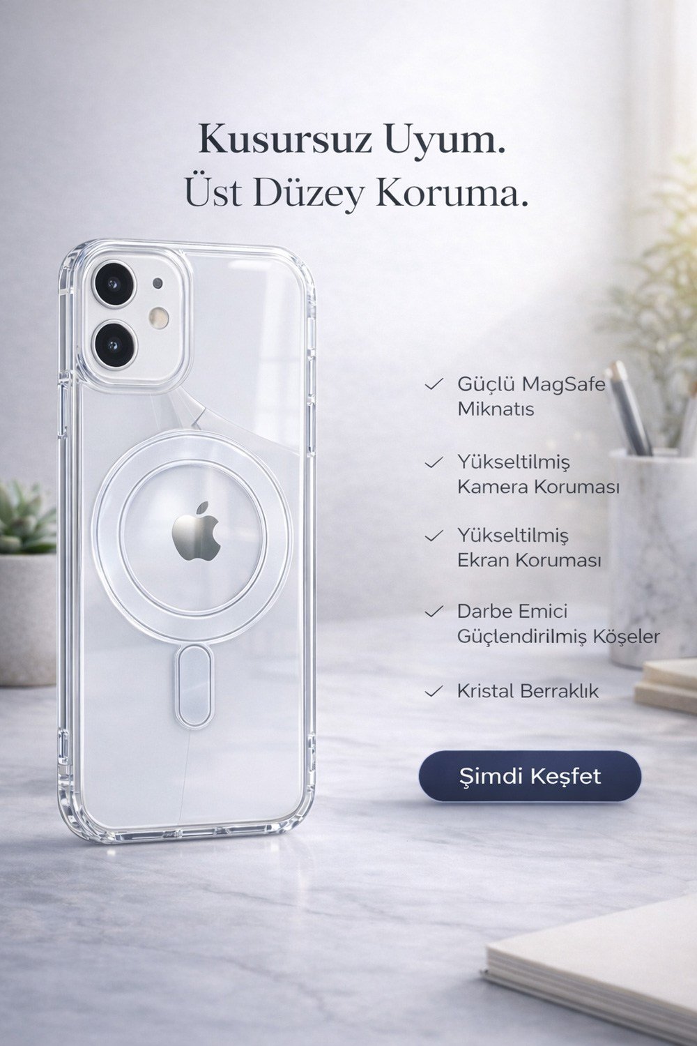 iPhone 12 Uyumlu Kamera Korumalı Magsafe Wireless Şarj Özellikli Lüks Şeffaf Silikon Telefon Kılıfı