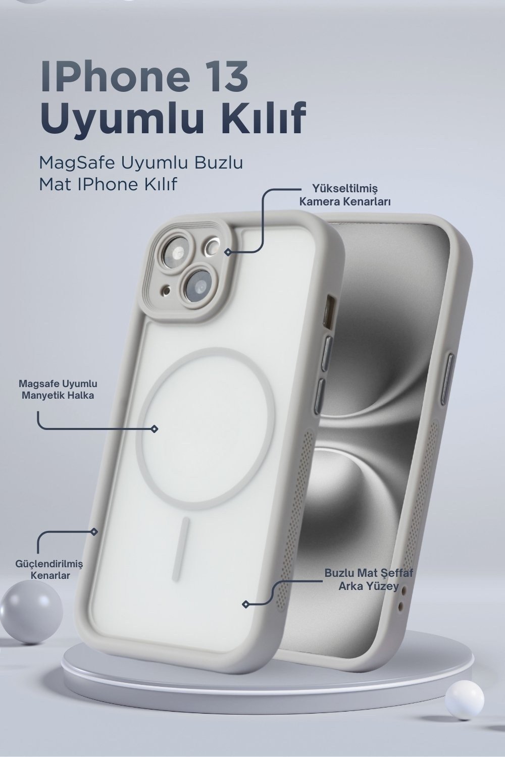 iPhone 13 Uyumlu Kamera Korumalı Magsafe Wireless Şarj Özellikli Mat Silikon Gri renkli Silikon Telefon Kılıfı
