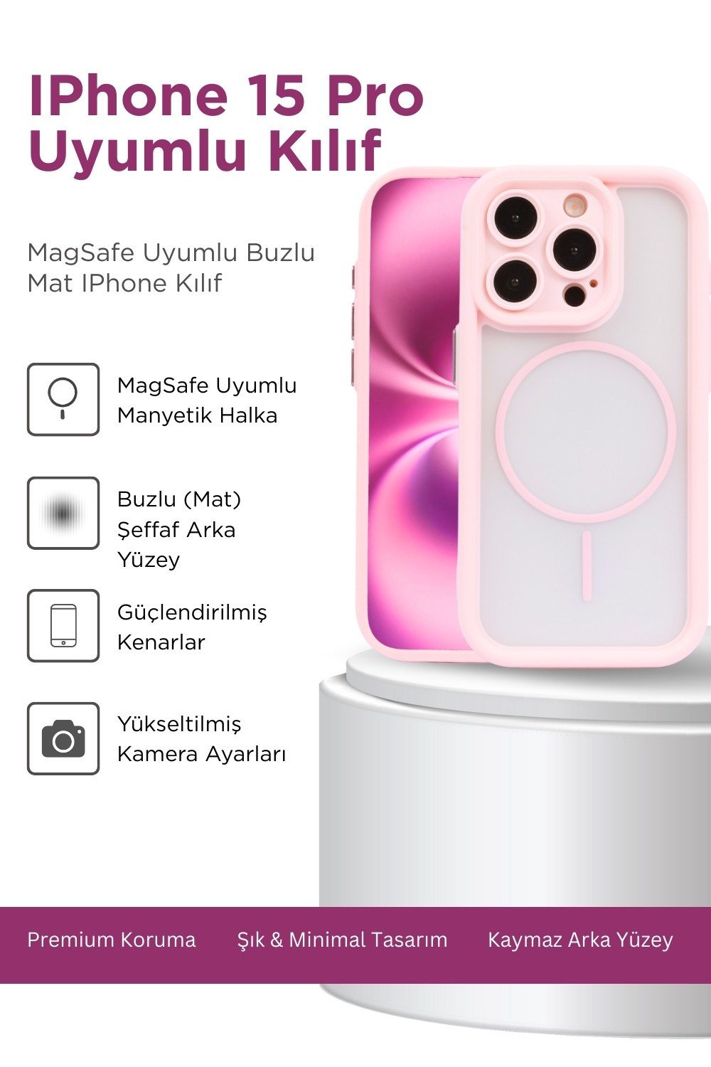 iPhone 15 Pro Uyumlu Kamera Korumalı Magsafe Wireless Şarj Özellikli Mat Silikon Pembe renkli Silikon Telefon Kılıfı