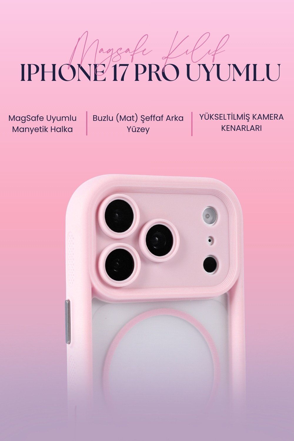 iPhone 17 Pro Max Uyumlu Kamera Korumalı Magsafe Wireless Şarj Özellikli Mat Silikon Pembe renkli Silikon Telefon Kılıfı