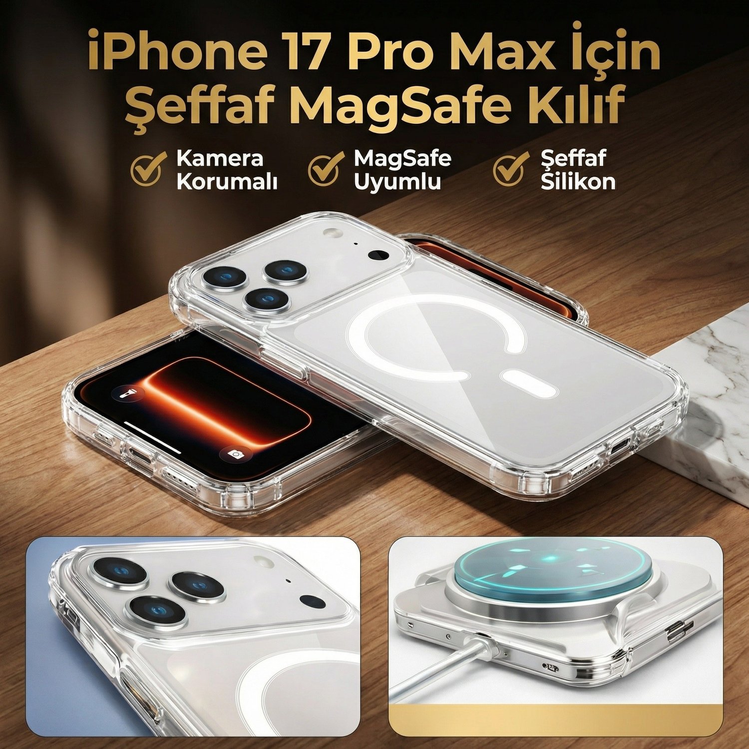 iPhone 17 Pro Max Uyumlu Kamera Korumalı Magsafe Wireless Şarj Özellikli Lüks Şeffaf Silikon Telefon Kılıfı