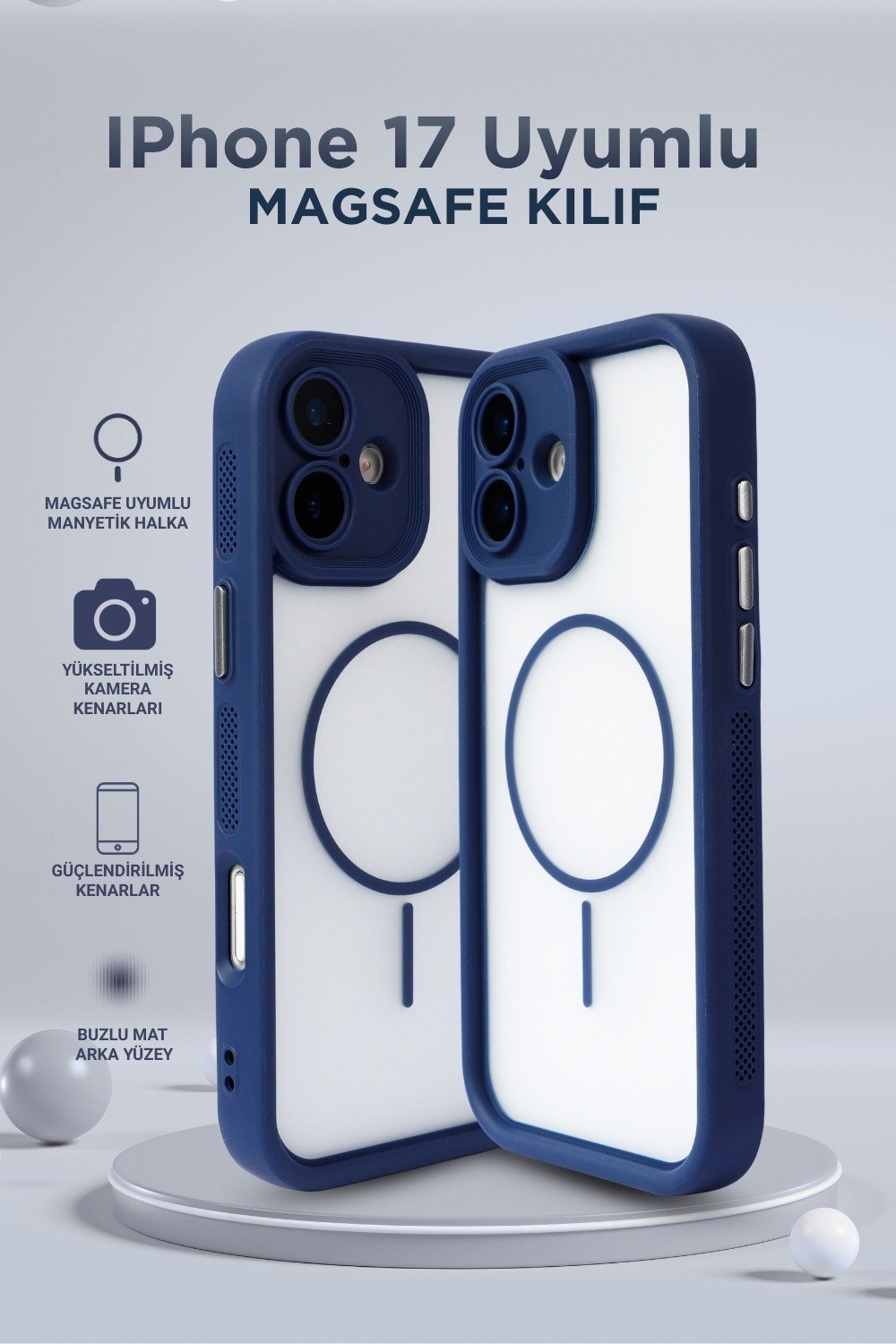 iPhone 17 Uyumlu Kamera Korumalı Magsafe Wireless Şarj Özellikli Mat Silikon Lacivert renkli Silikon Telefon Kılıfı