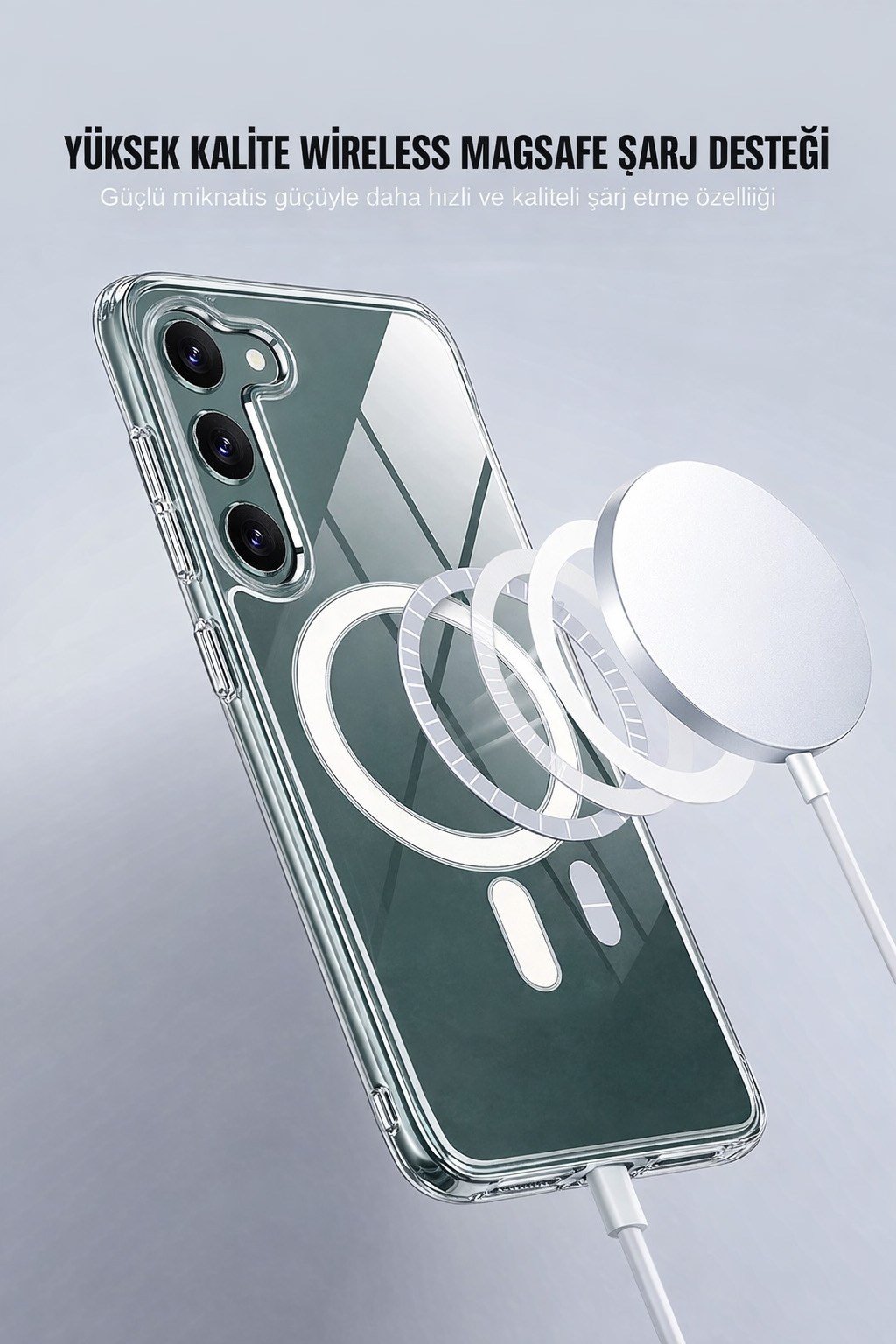 Samsung Galaxy S23 Uyumlu Kamera Korumalı Magsafe Wireless Şarj Özellikli Lüks Şeffaf Silikon Telefon Kılıfı