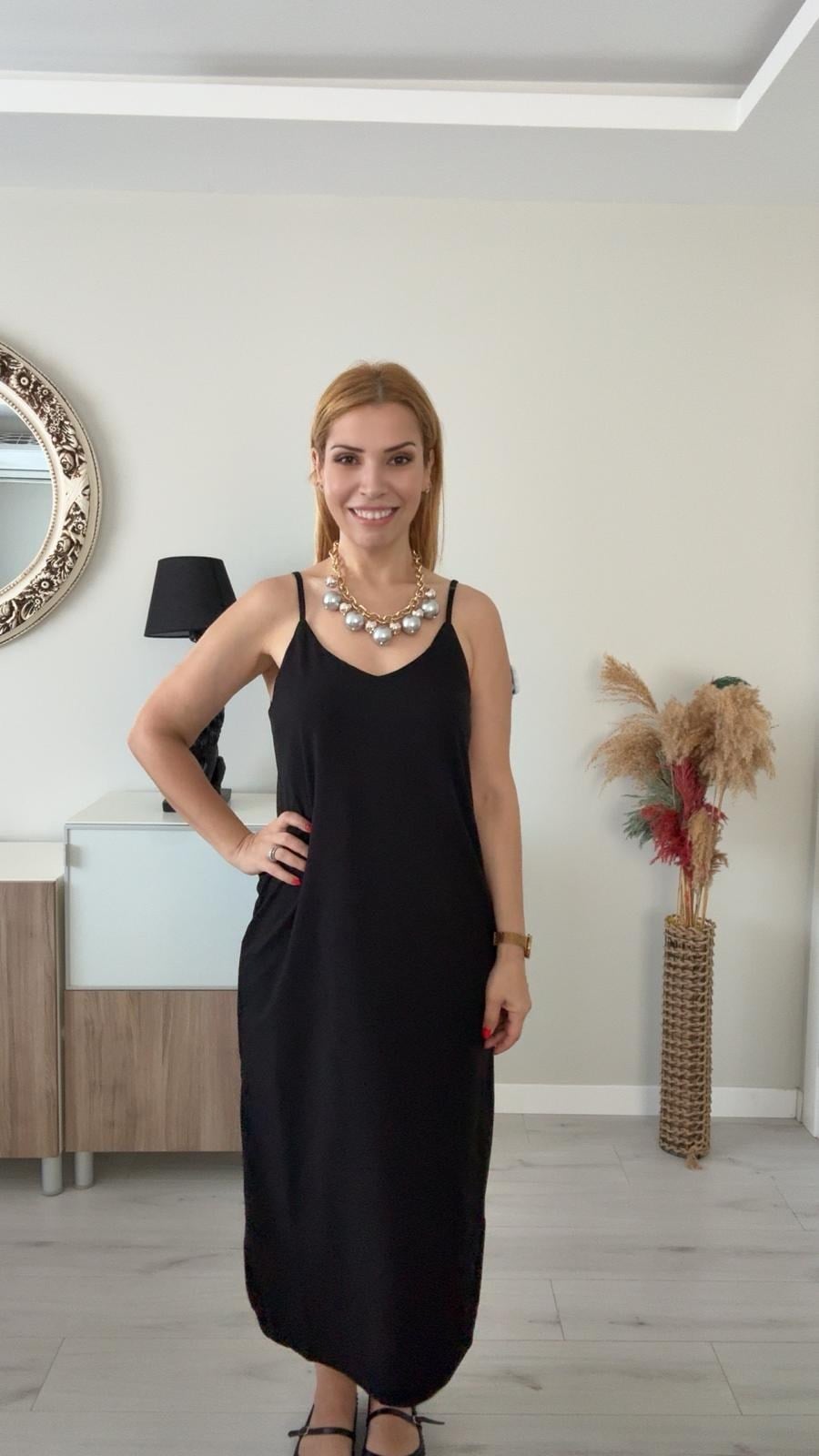 Askılı Krep Elbise Siyah