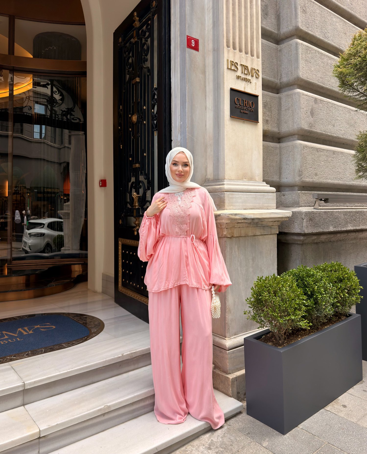 AHSEN DANTEL DETAYLI PANTOLON TAKIM | PEMBE