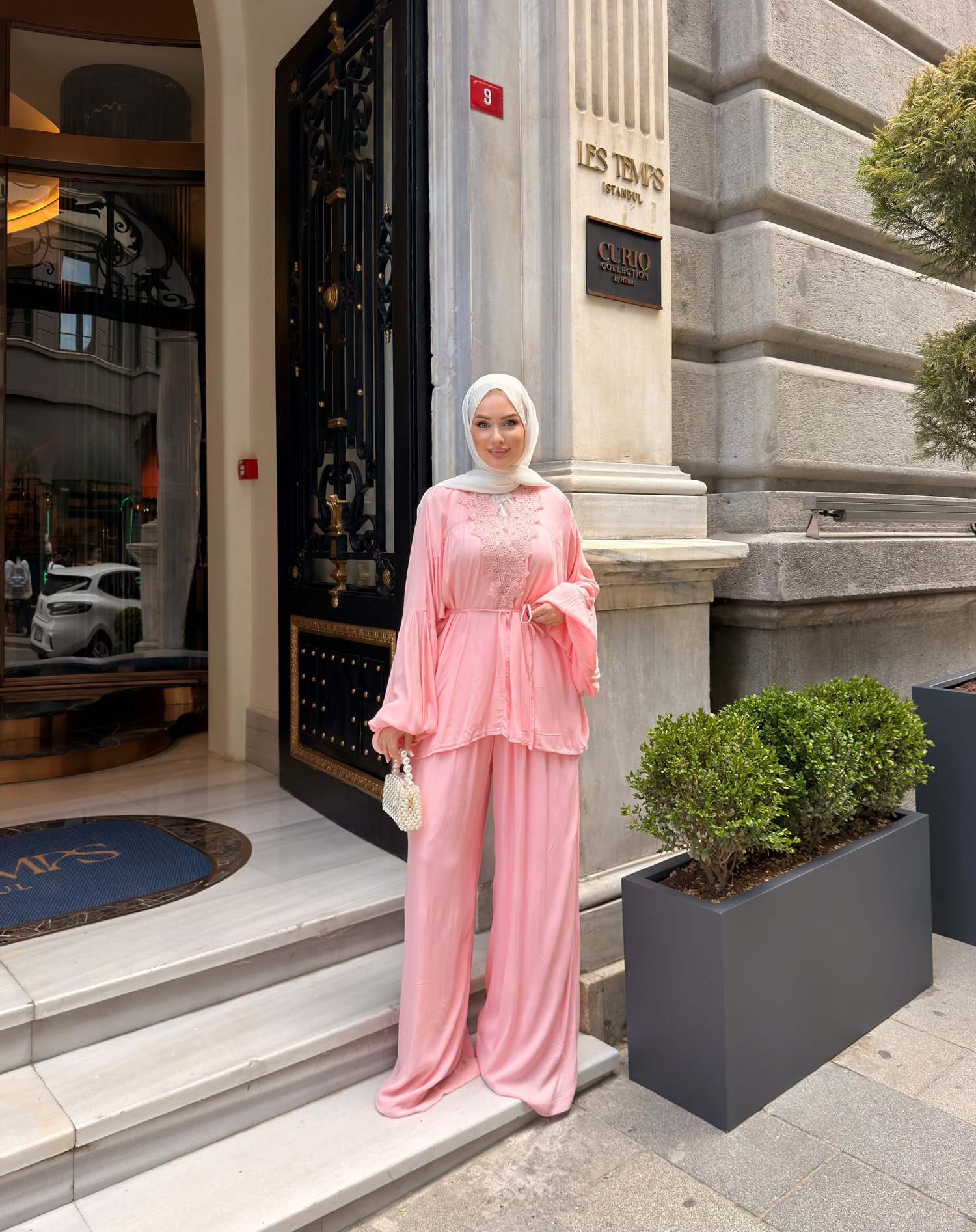 AHSEN DANTEL DETAYLI PANTOLON TAKIM | PEMBE