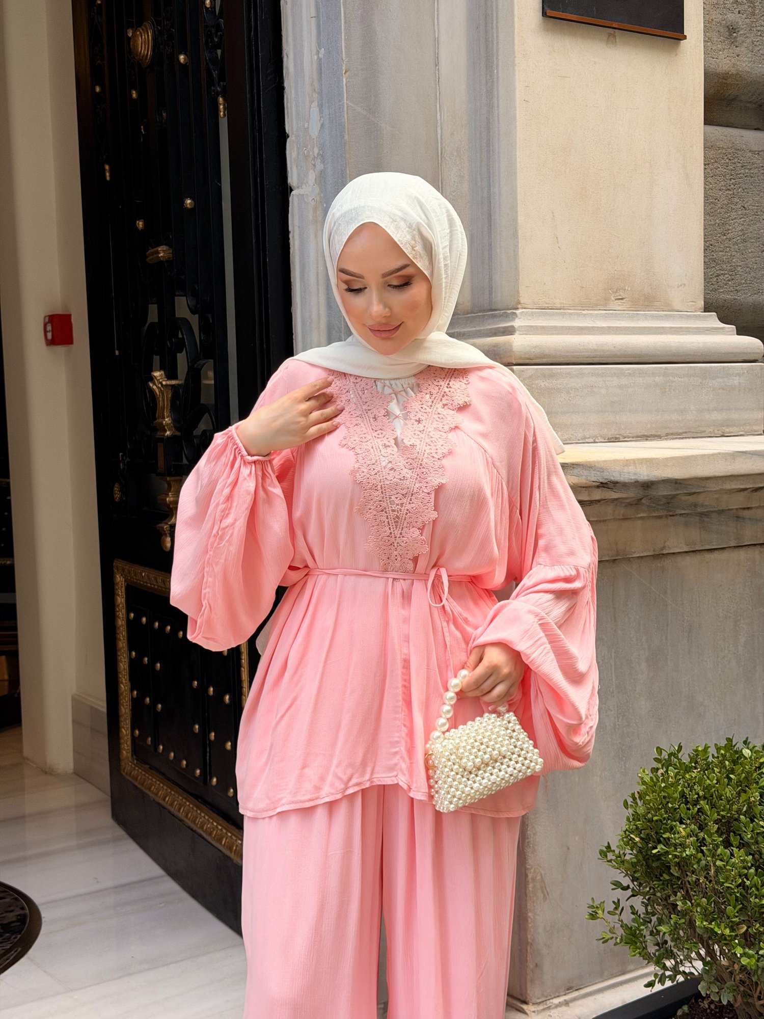 AHSEN DANTEL DETAYLI PANTOLON TAKIM | PEMBE
