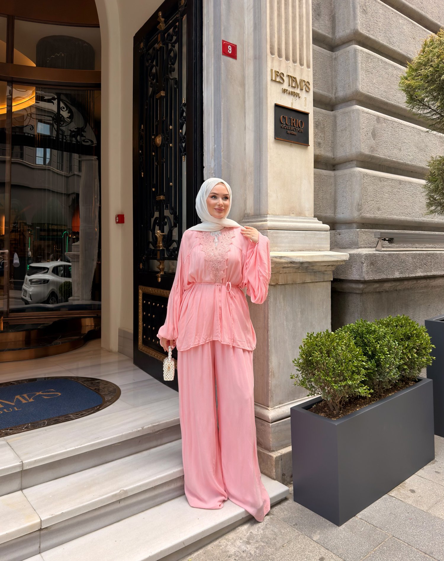 AHSEN DANTEL DETAYLI PANTOLON TAKIM | PEMBE