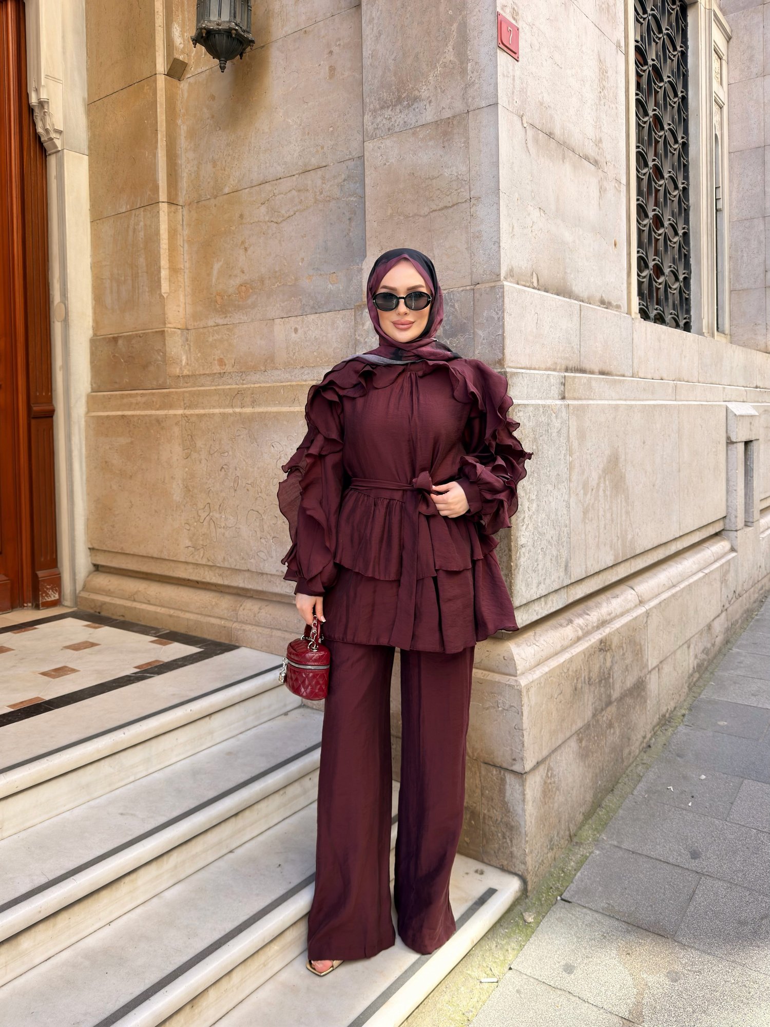 Angeline Fırfır Detaylı Pantolon Takım | Bordo