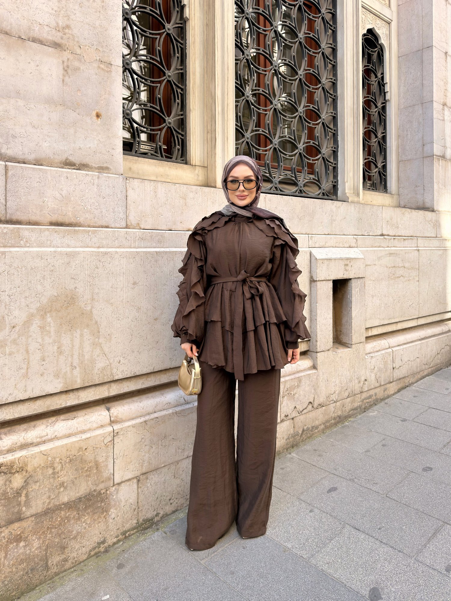 Angeline Fırfır Detaylı Pantolon Takım | Kahve
