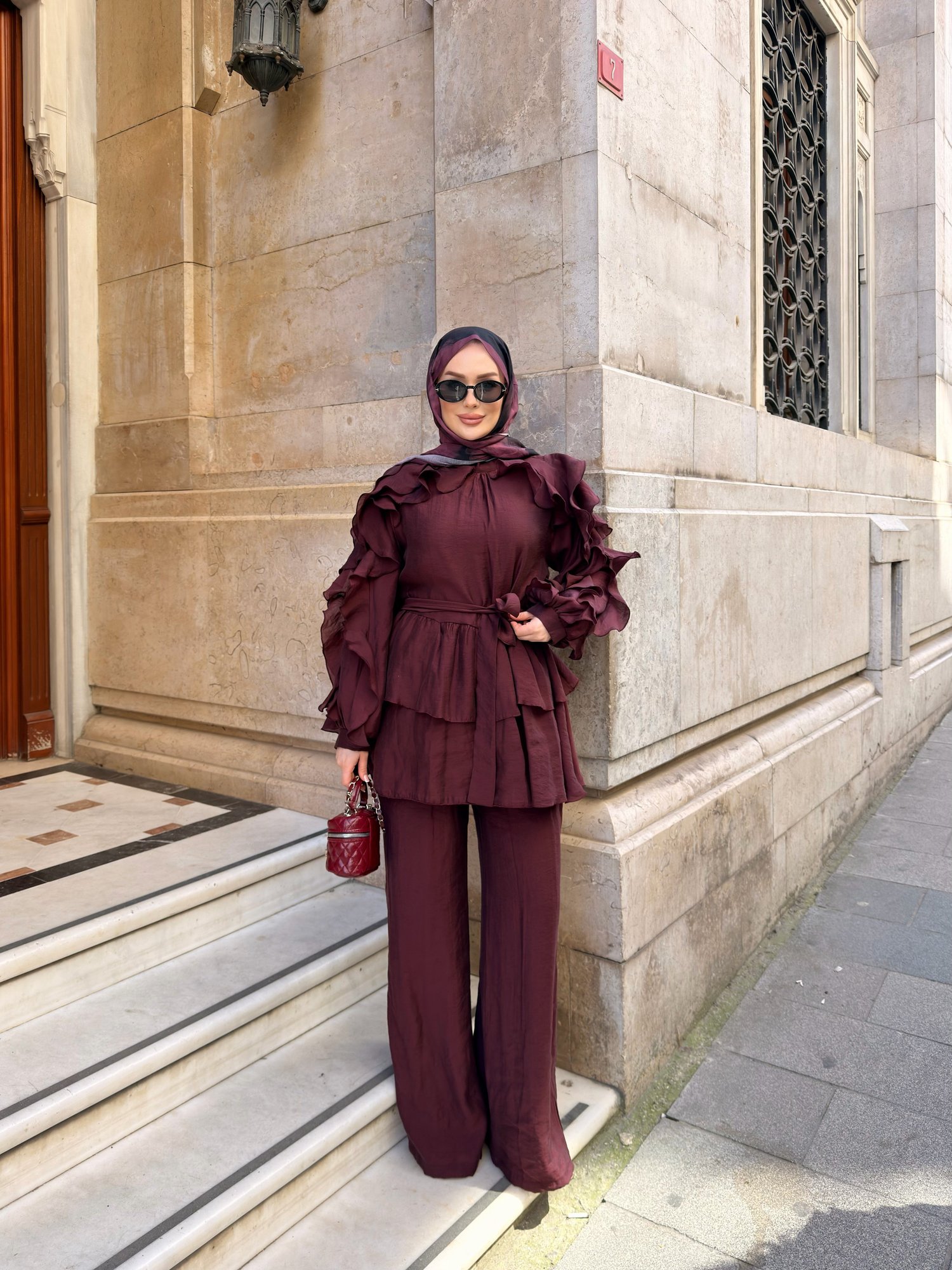 Angeline Fırfır Detaylı Pantolon Takım | Bordo
