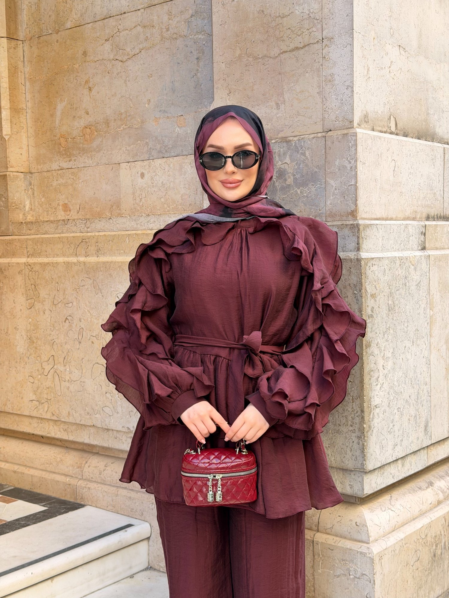 Angeline Fırfır Detaylı Pantolon Takım | Bordo