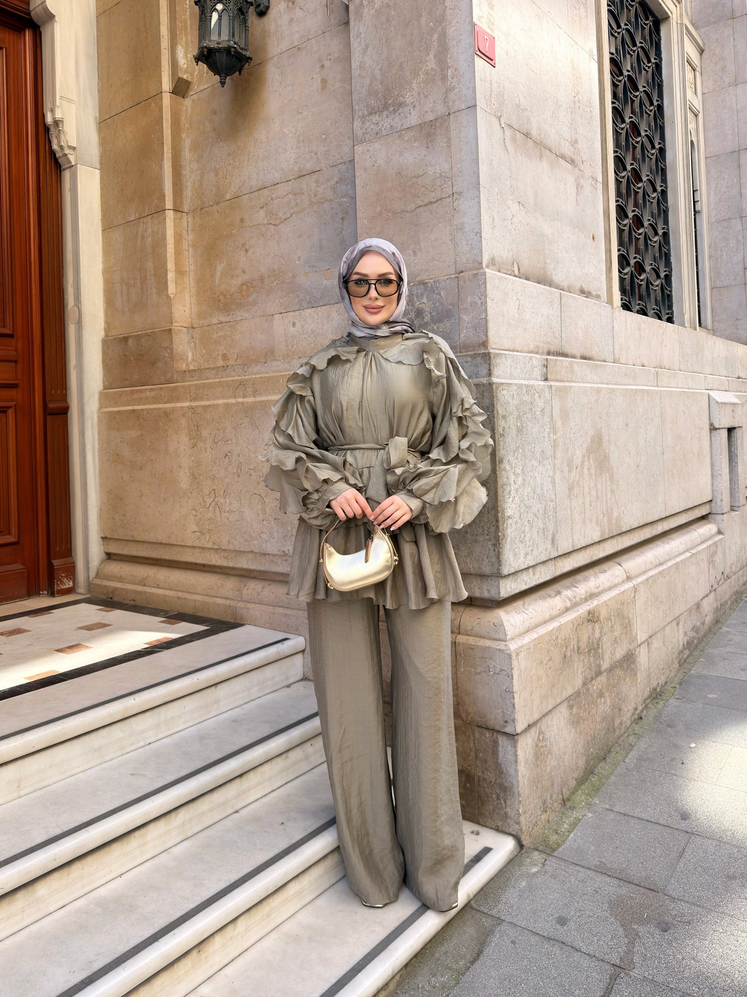 Angeline Fırfır Detaylı Pantolon Takım | Koyu Çağla
