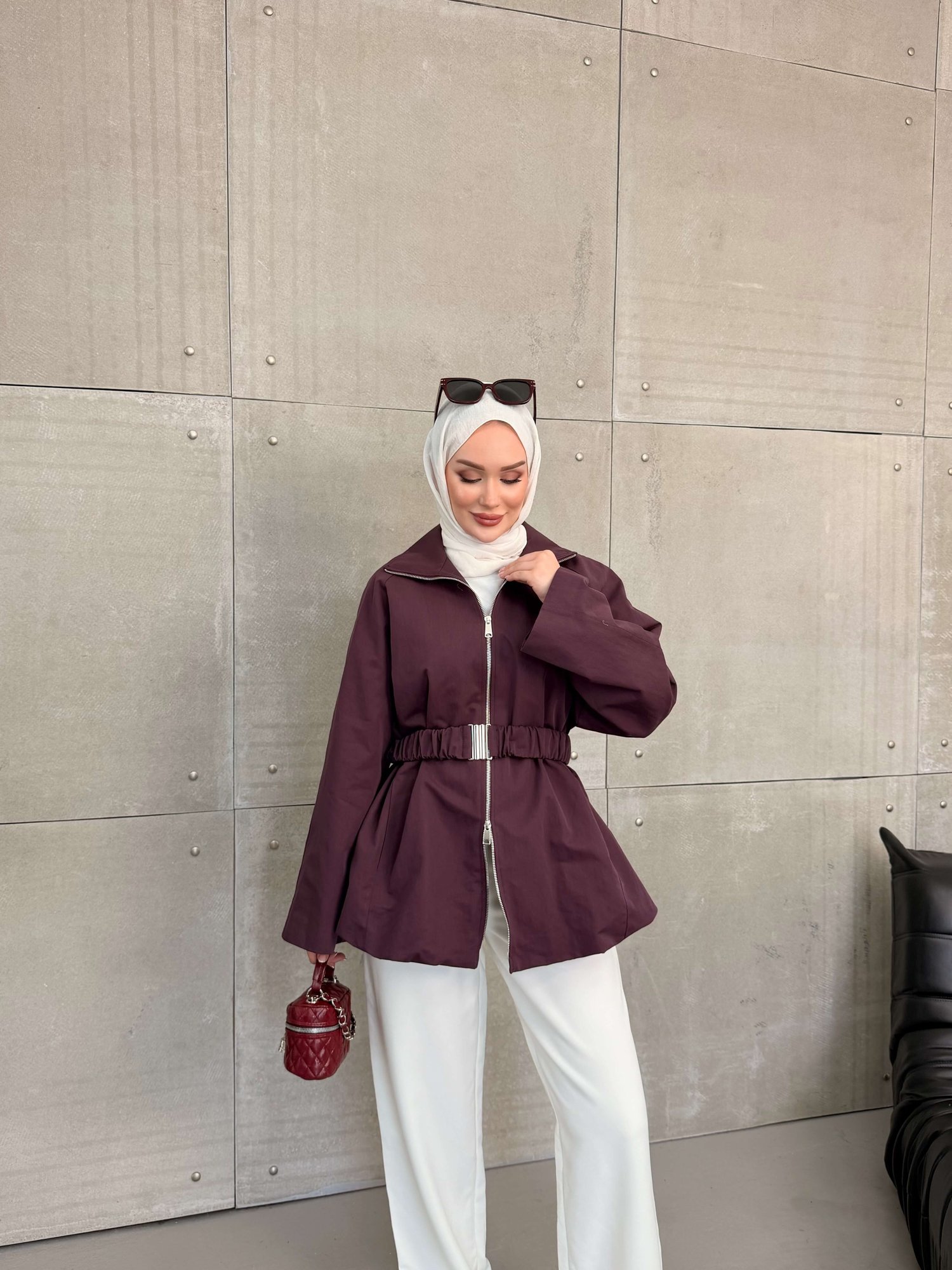 DURU KEMERLİ CEKET BORDO