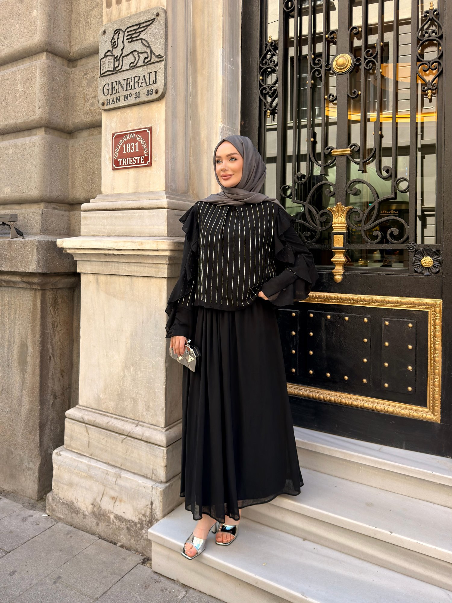 Gizia Şifon Etekli Takım | Siyah