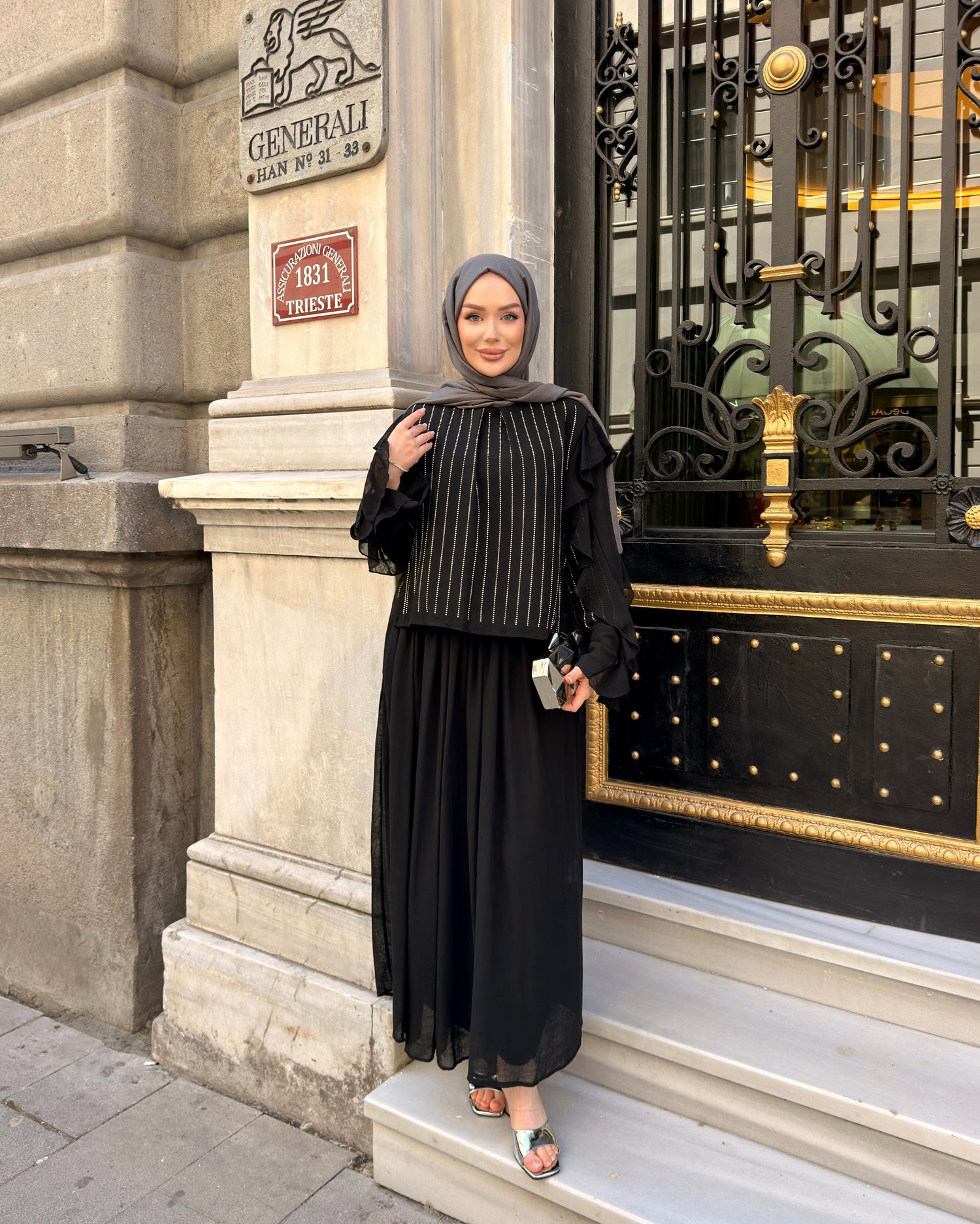 Gizia Şifon Etekli Takım | Siyah
