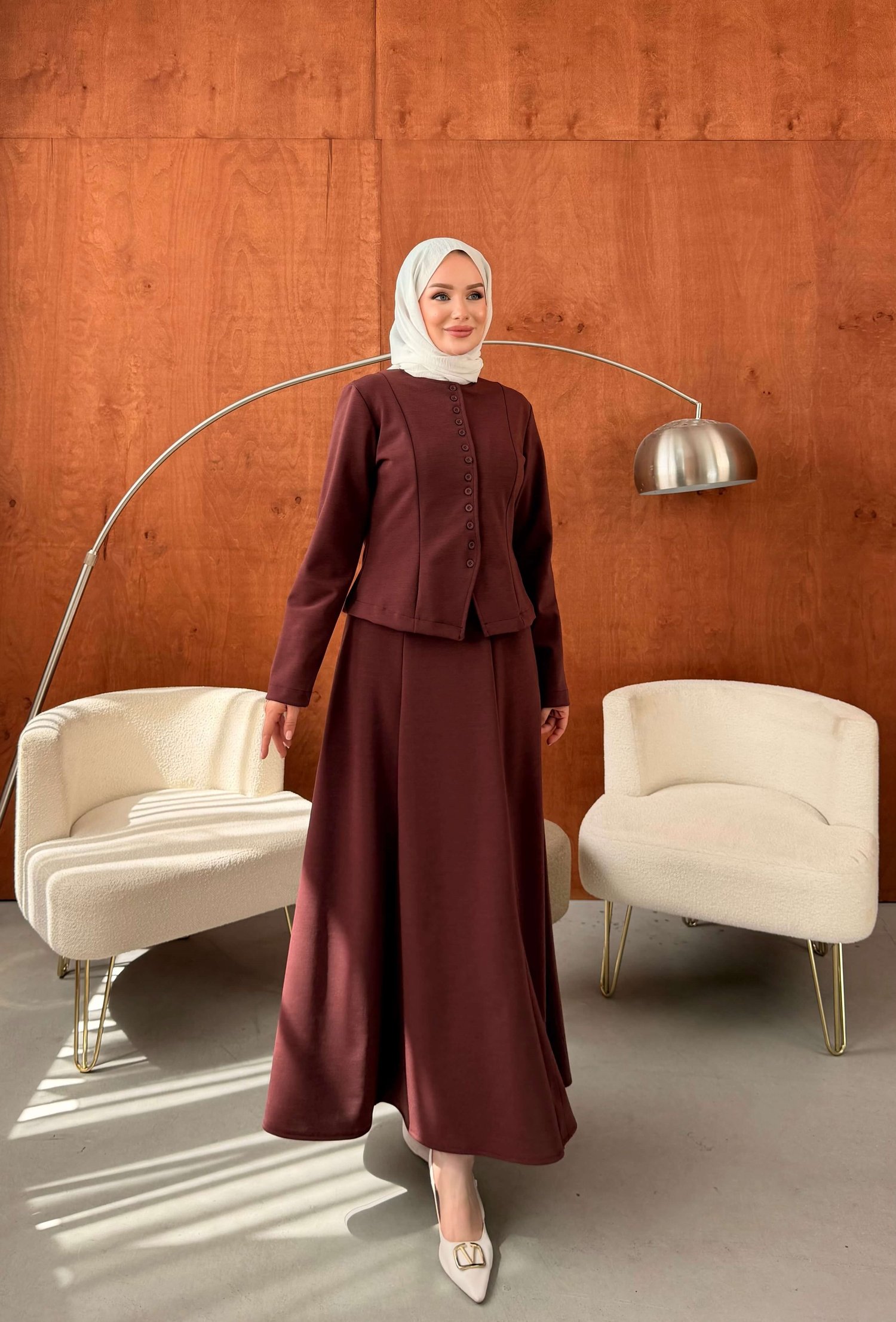 LADİN ÇELİK ÖRME DÜĞMELİ ETEKLİ TAKIM BORDO