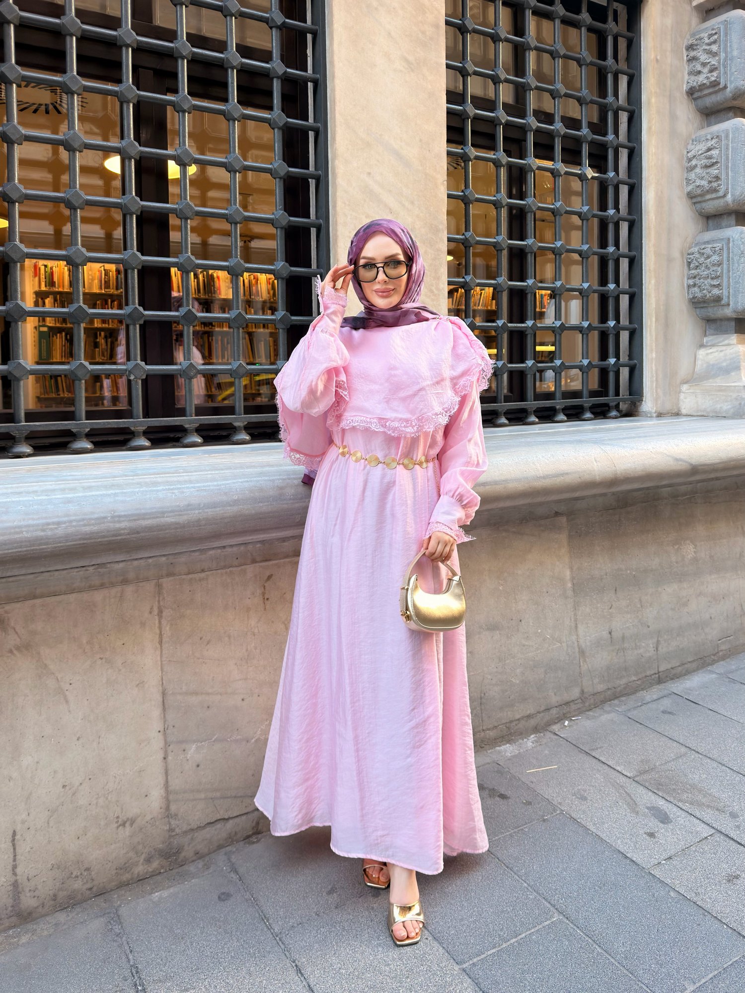 LİORİS Gold Kemer Detaylı Elbise | Pembe