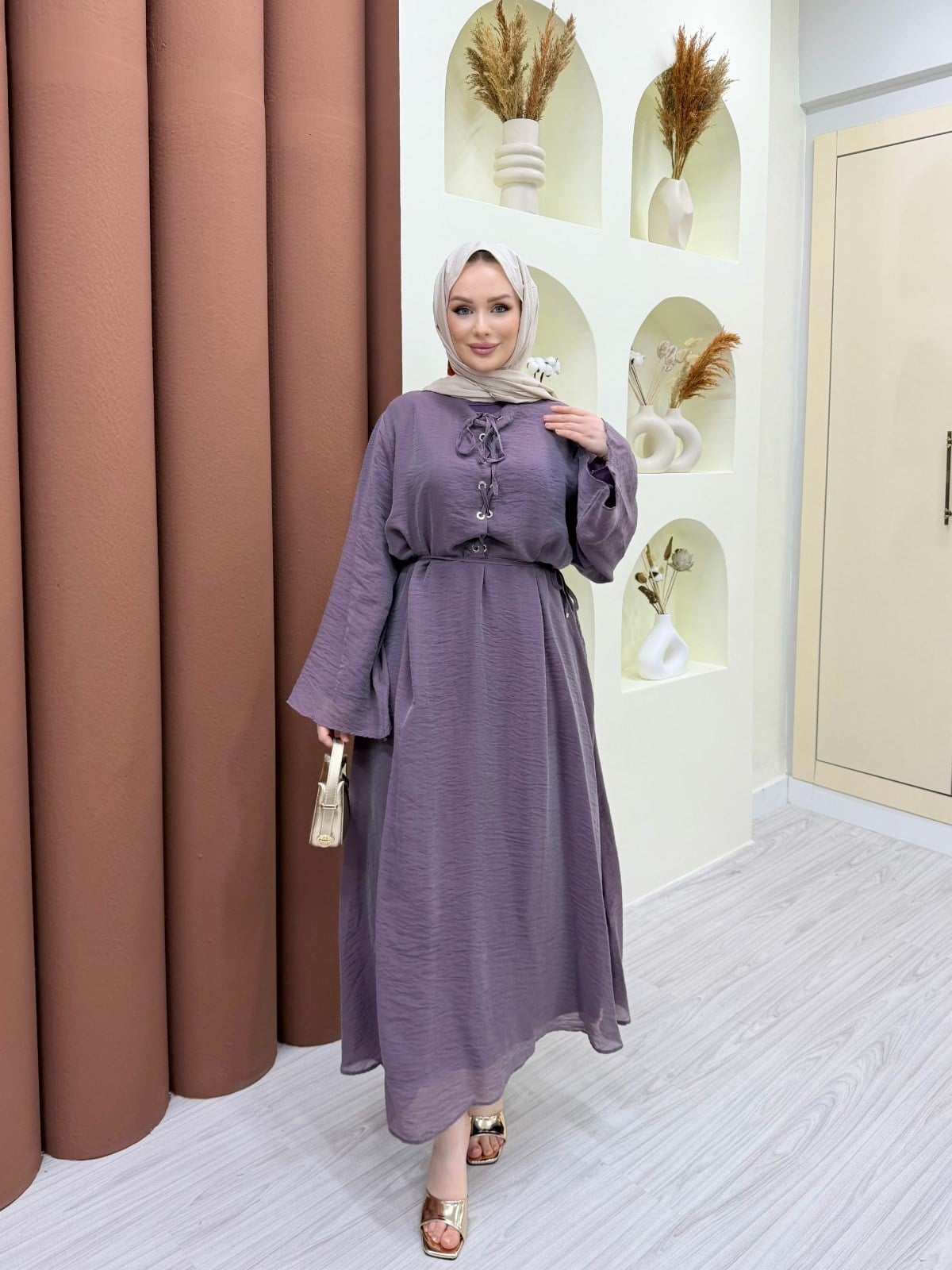Vela Bağlama Detaylı Elbise Mürdüm