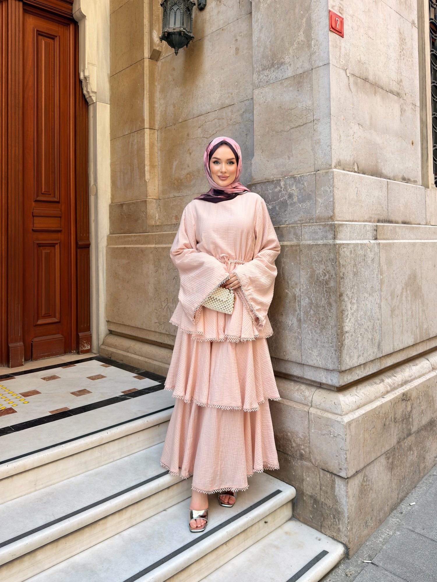 YORYO DANTEL DETAYLI KAT KAT ELBİSE | PEMBE