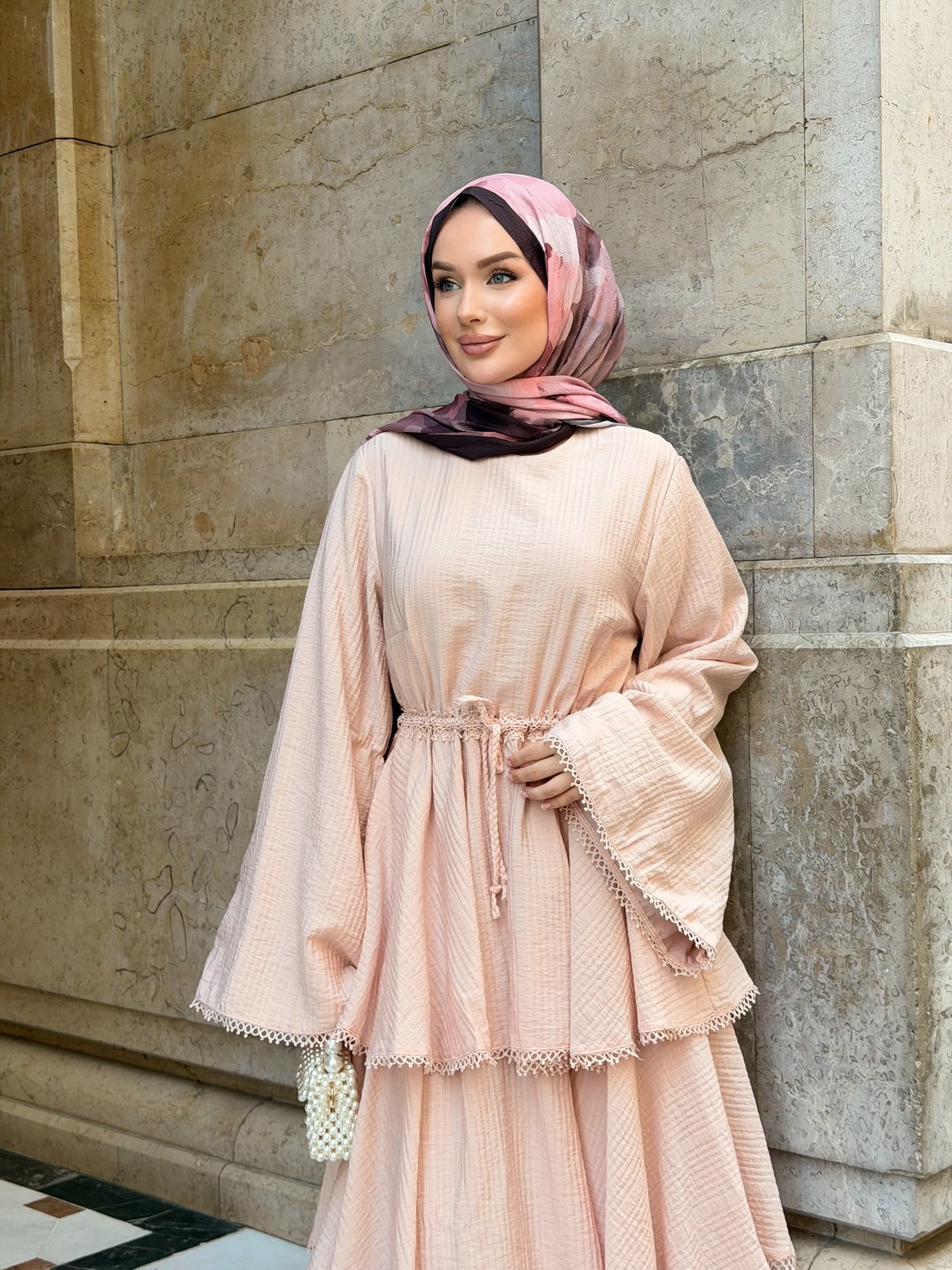 YORYO DANTEL DETAYLI KAT KAT ELBİSE | PEMBE