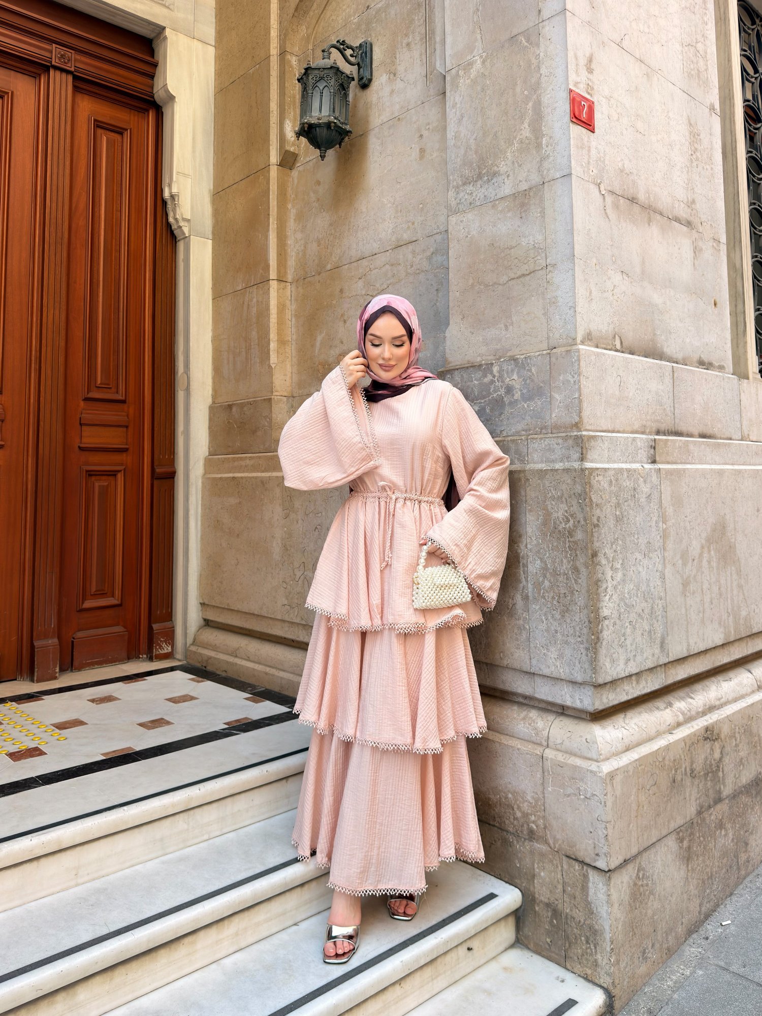 YORYO DANTEL DETAYLI KAT KAT ELBİSE | PEMBE