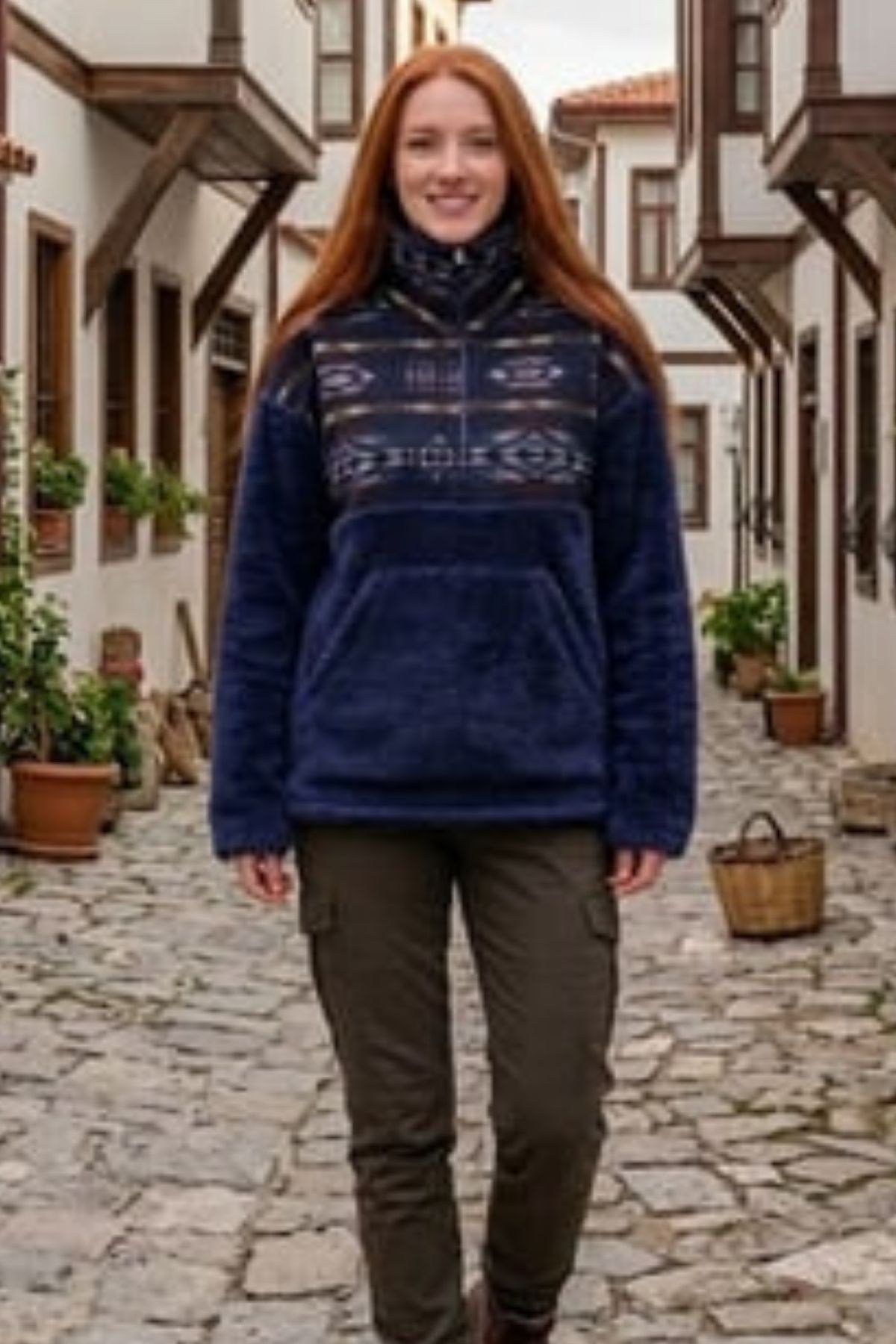 Boğazlı Etnik Desenli Peluş Sweatshirt