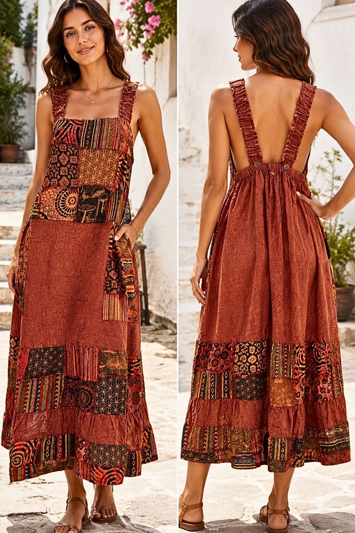 Bohem Otantik Patchwork Aplikeli Askılı Jile Elbise