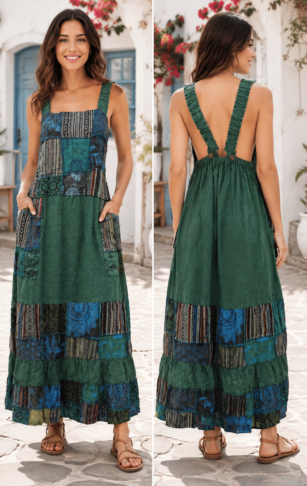 Bohem Otantik Patchwork Aplikeli Askılı Jile Elbise
