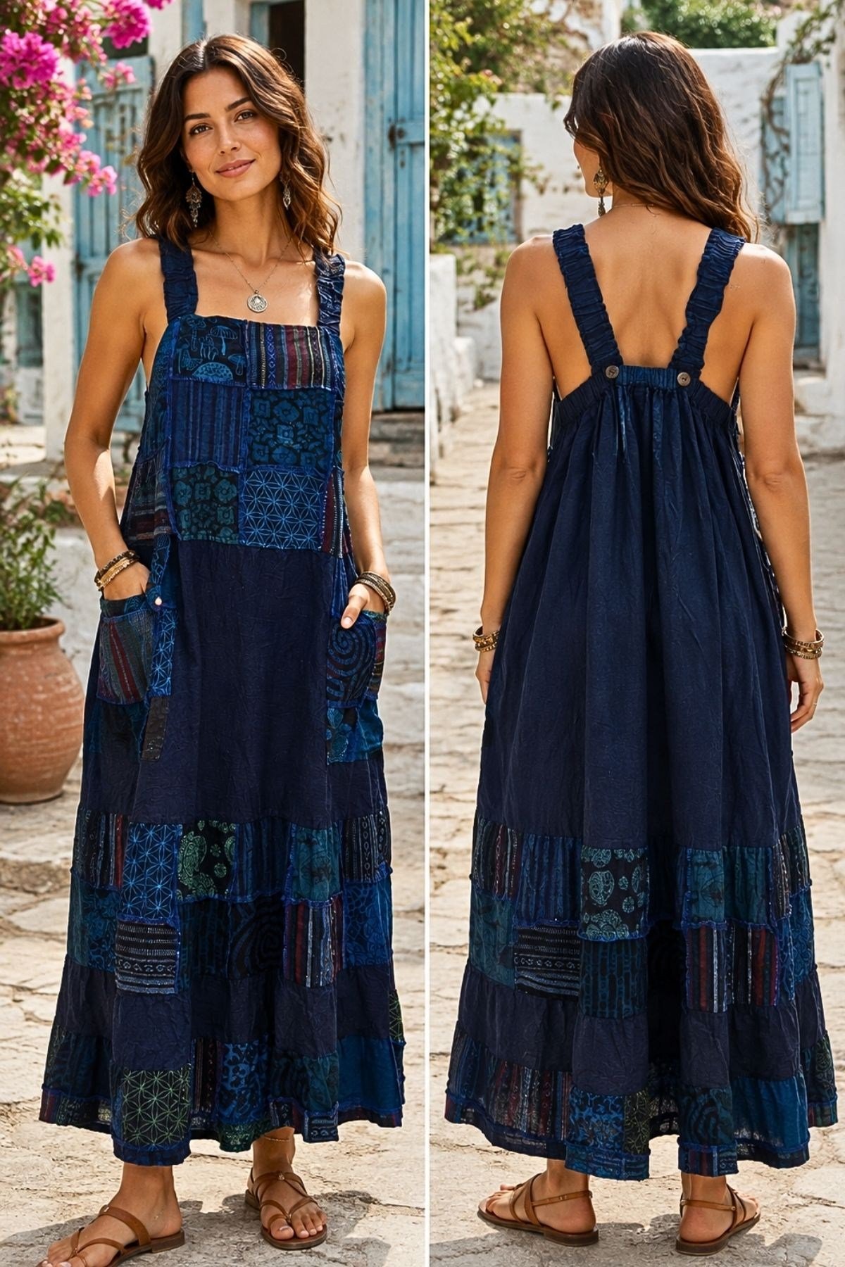 Bohem Otantik Patchwork Aplikeli Askılı Jile Elbise