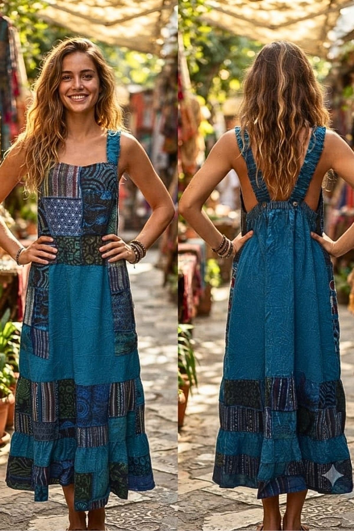 Bohem Otantik Patchwork Aplikeli Askılı Jile Elbise