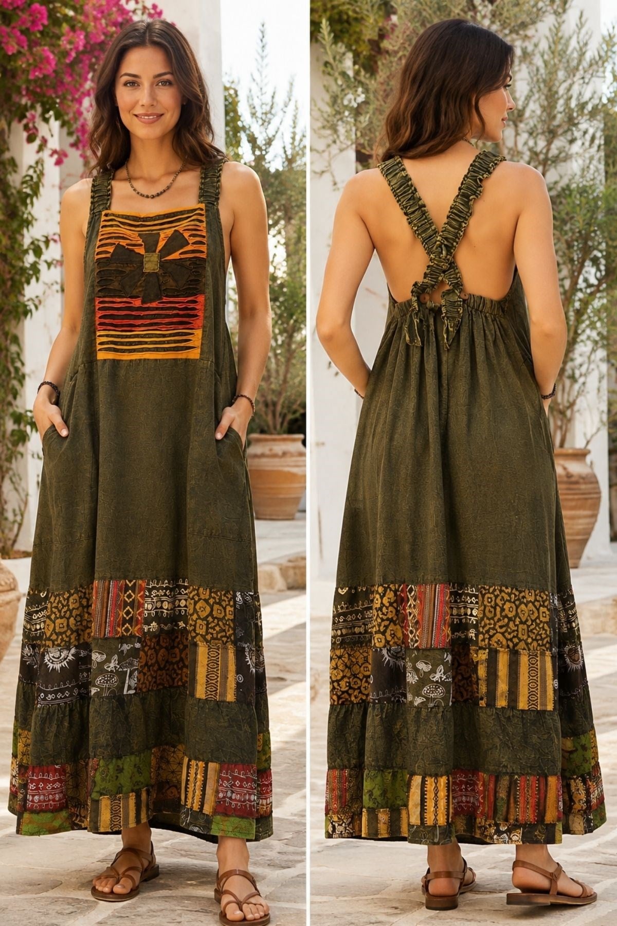 Bohem Otantik Patchwork Aplikeli Askılı Jile Elbise