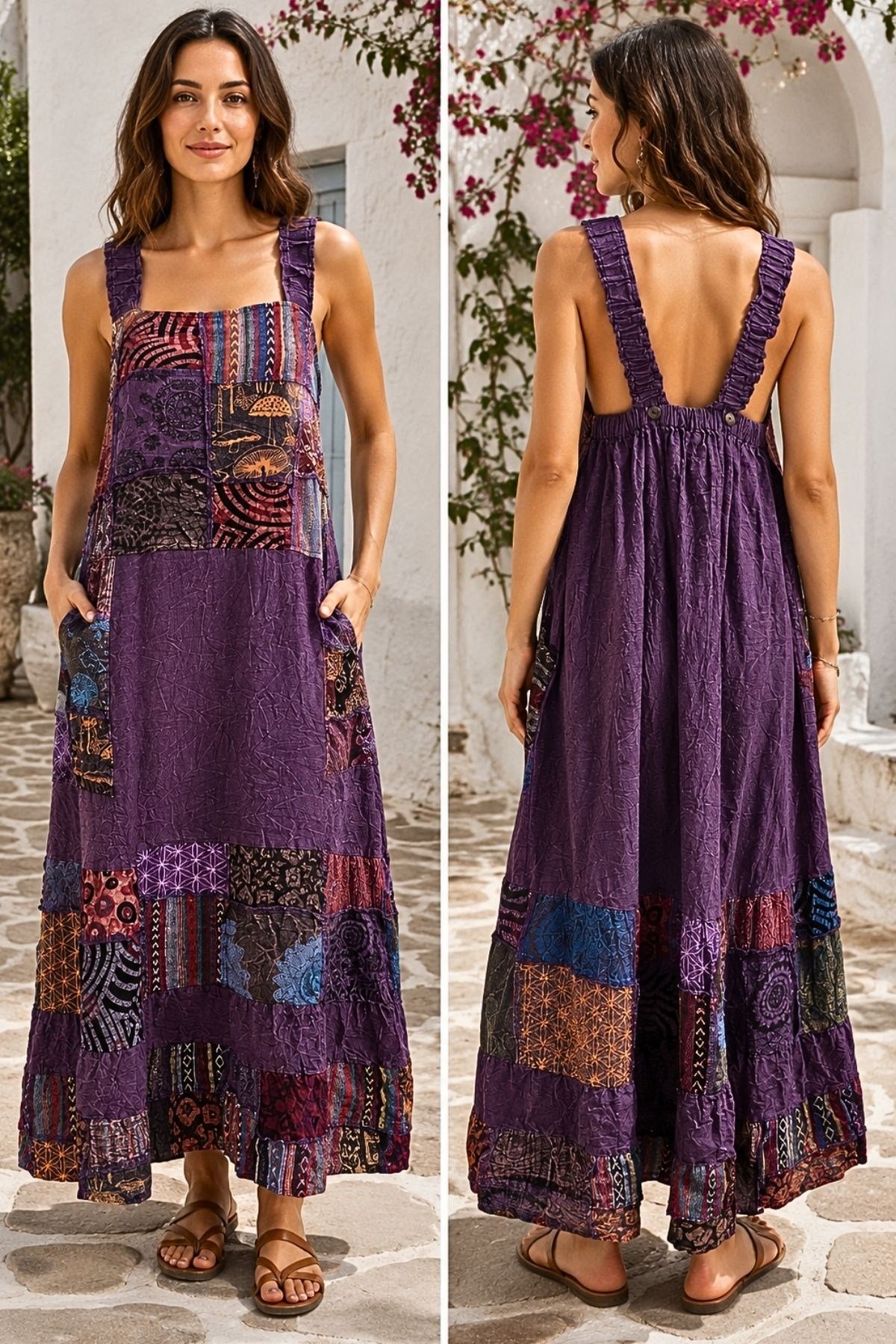 Bohem Otantik Patchwork Aplikeli Askılı Jile Elbise