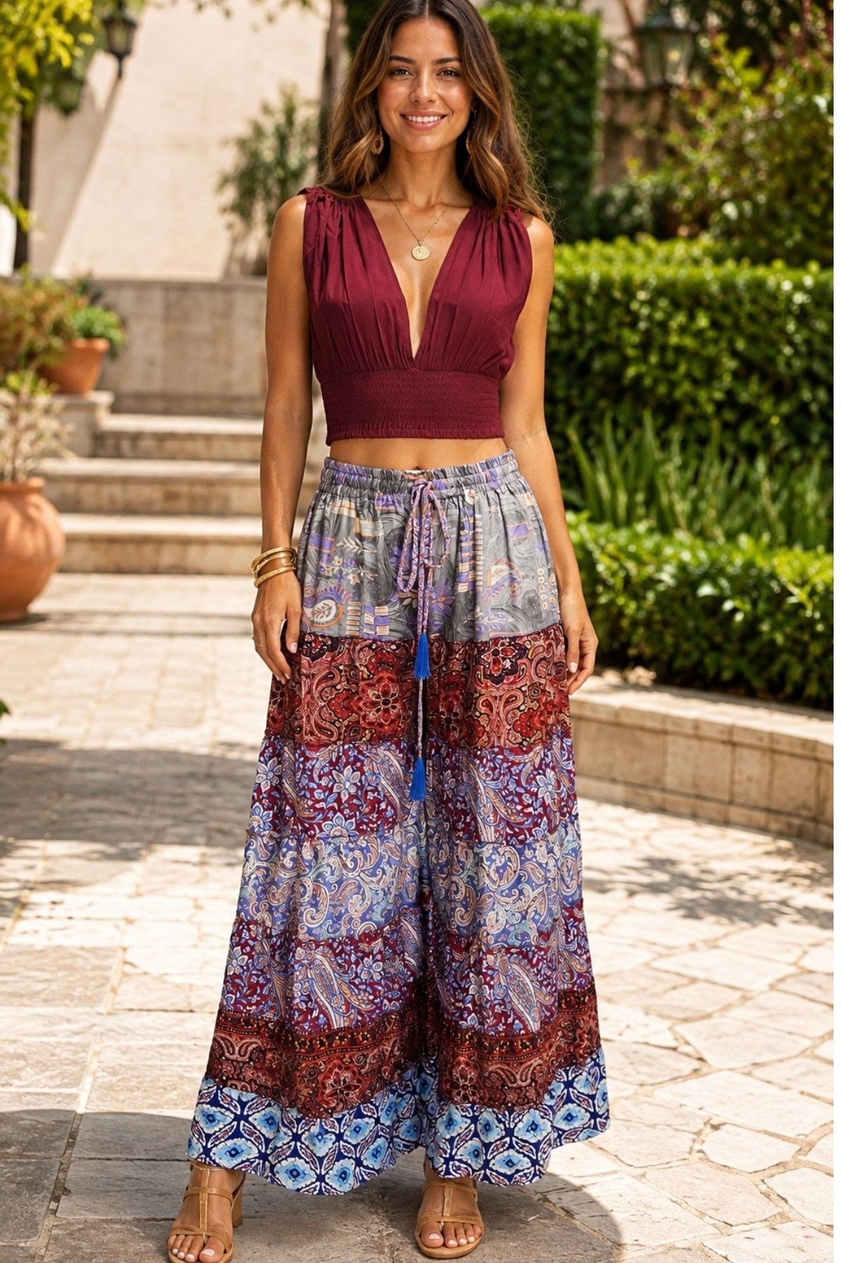 Bohem Patchwork Desenli Bol Paça Pantolon