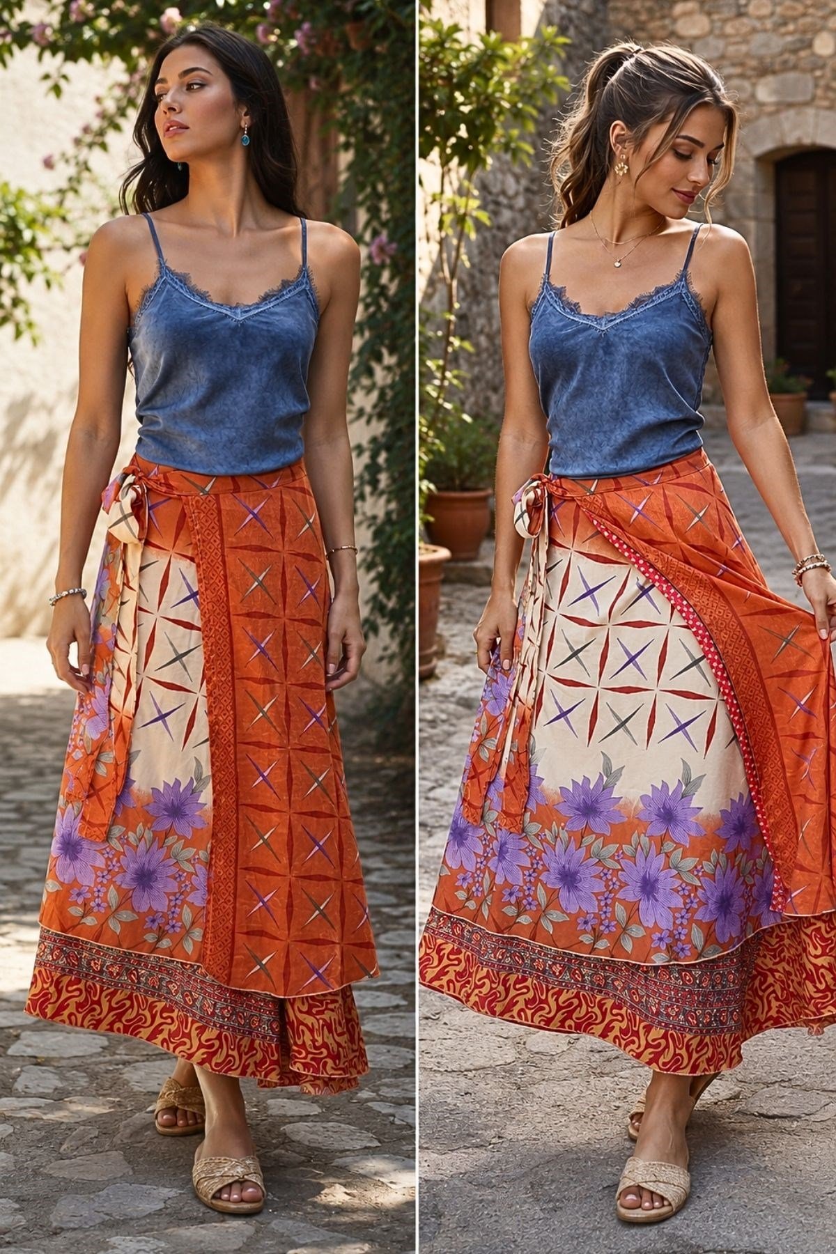 Bohem Tarz Çift Katlı Anvelop Etek % 70 İpek %30 Polyester
