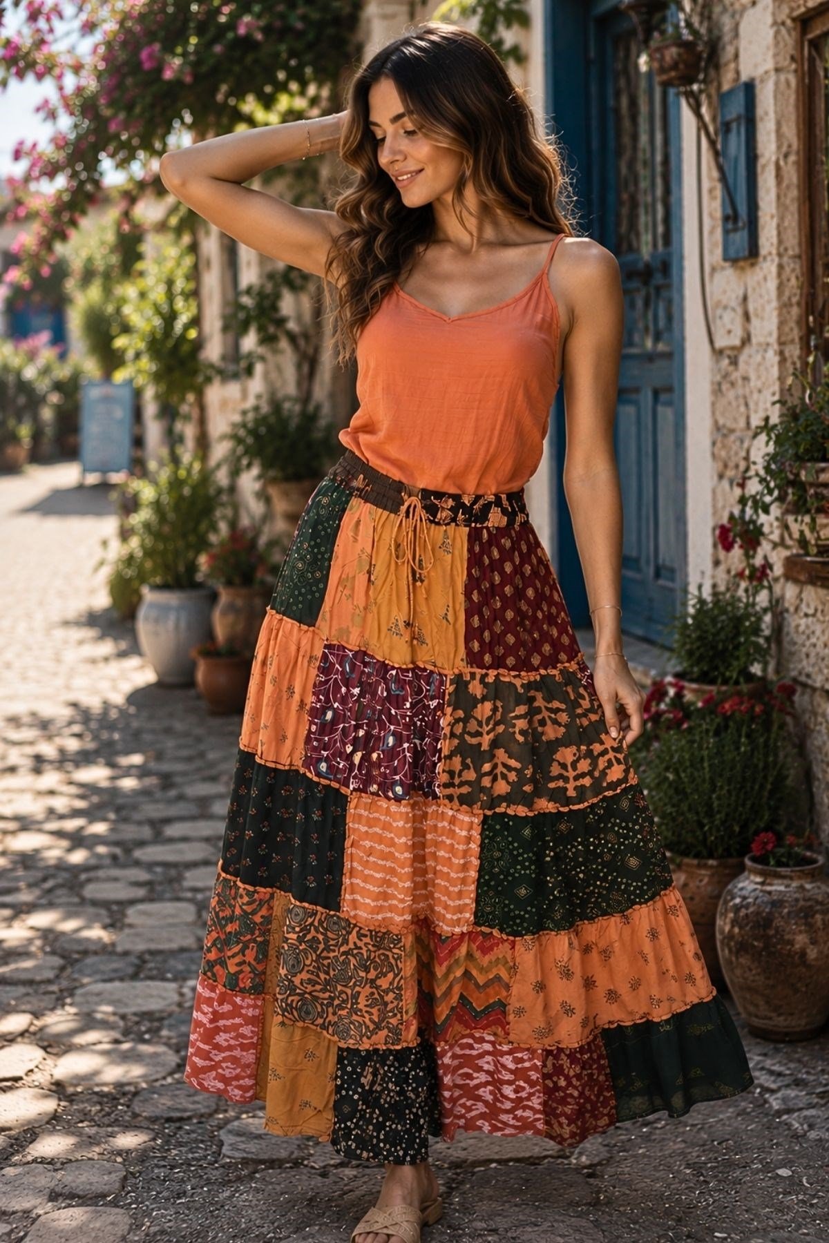 Boho-Chic Patchwork Detaylı Viskon Etek % 100 Pamuk