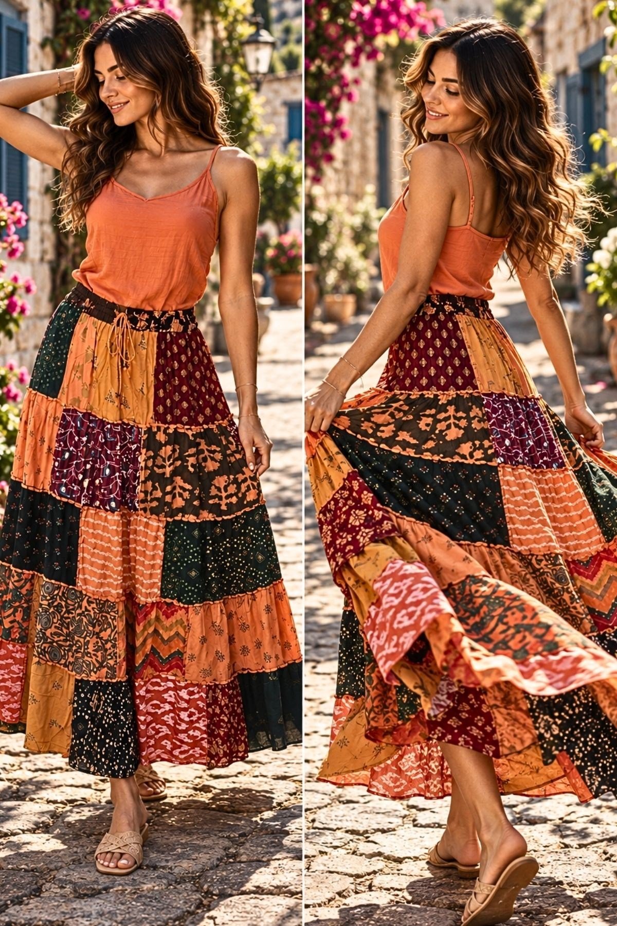 Boho-Chic Patchwork Detaylı Viskon Etek 