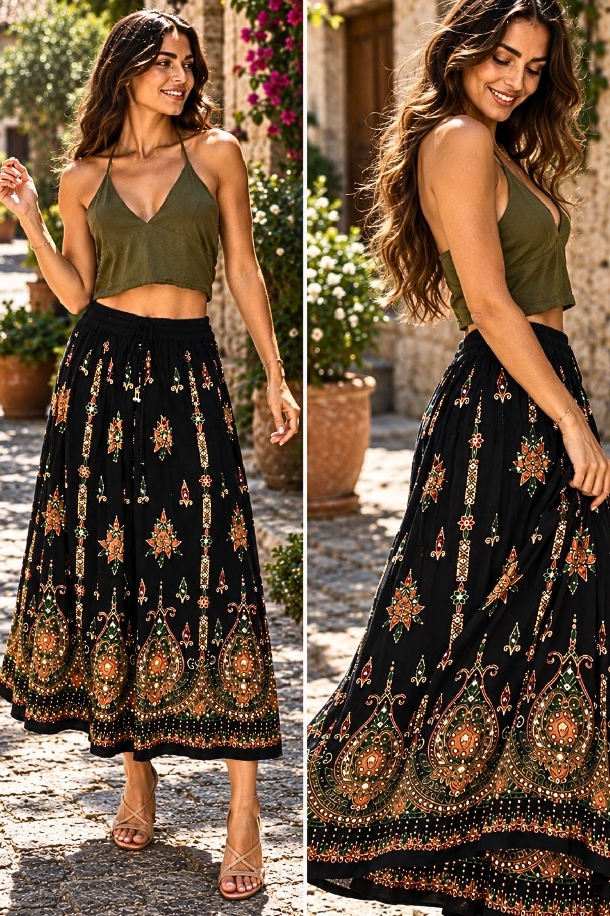 Boho-Sık Payetli ve İşlemeli Desenli Maxi Etek