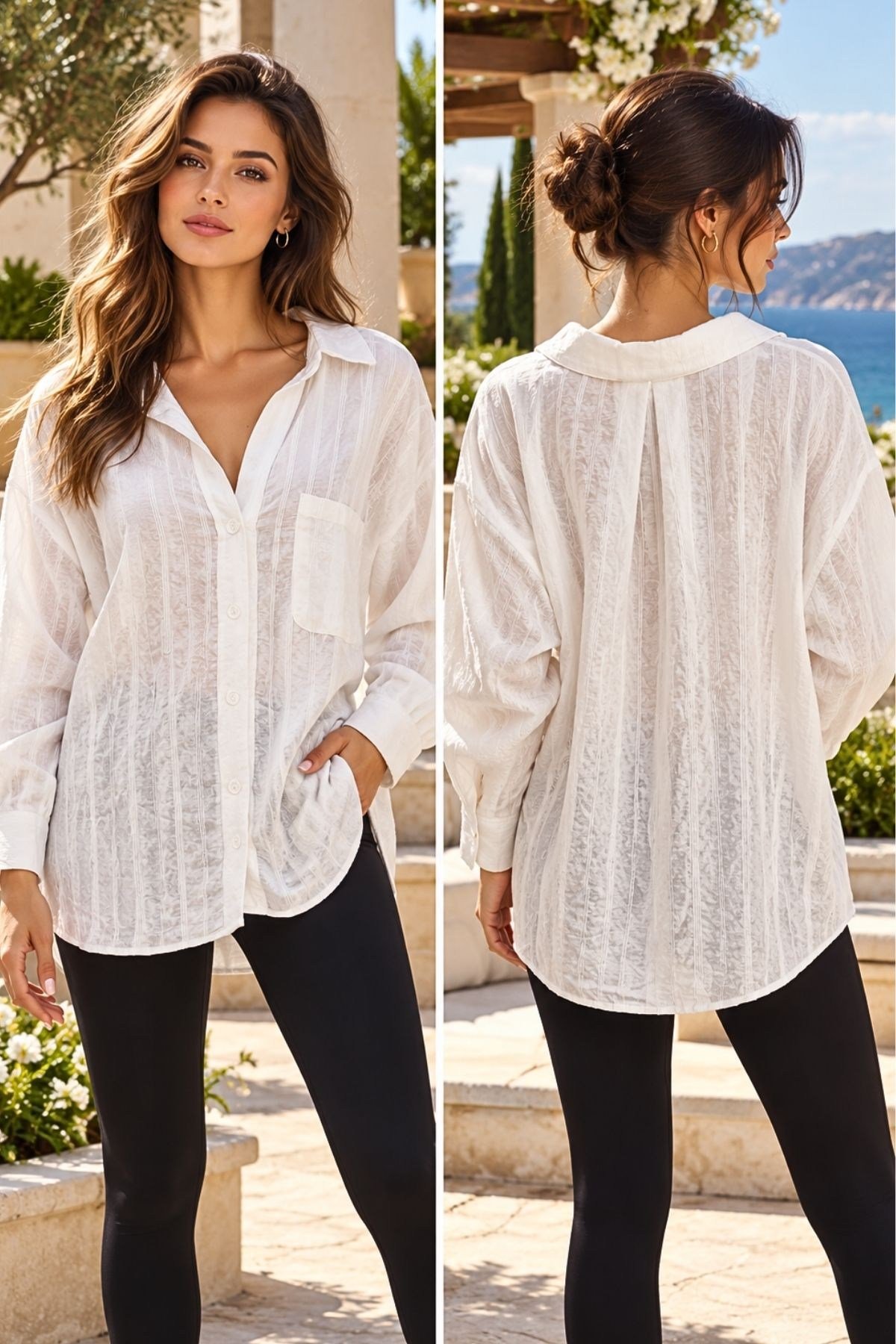 Boyuna Çizgili Cepli Oversize Gömlek