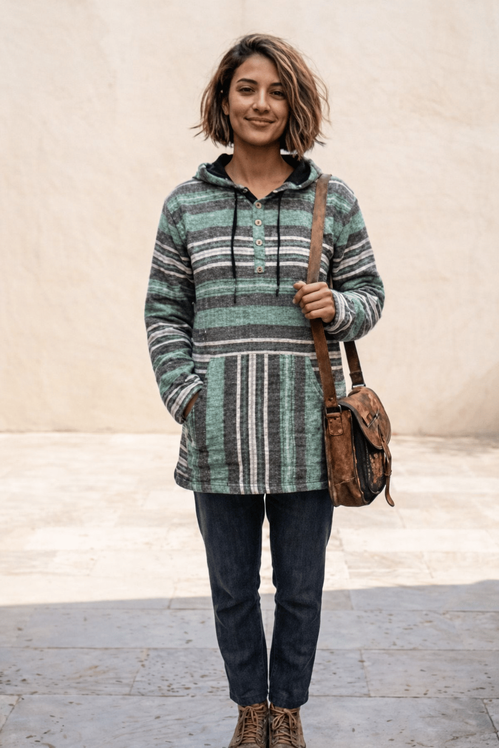 Çizgili Kapüşonlu Etnik Sweatshirt